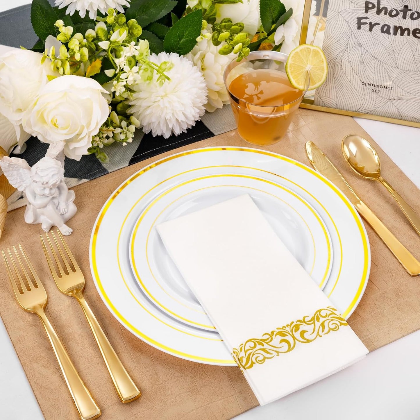 bUCLA 350PCS White and Gold Plastic Plates - Gold Disposable Dinnerware for Include 50 Dinner/Dessert Plates, 50 Forks, 50 Knives, 50 Spoons, 50 Cups & 50 Napkins for Party & Thanksgiving