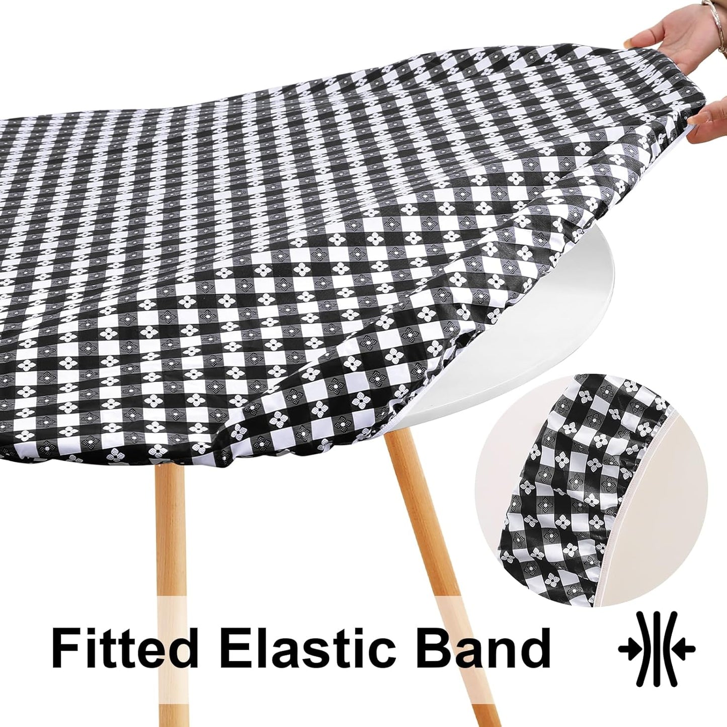 Round Vinyl Table Cloth, Waterproof Elastic Fitted Tablecloth with Flannel Backing, Plastic Table Cover for Picnic, Camping, Outdoor (Black & White, 36" - 44")