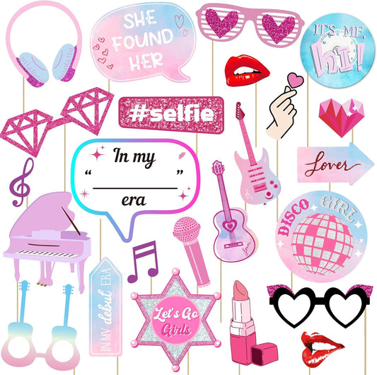 24pcs Sing Photo Booth Props, Birthday Party Supplies Sing Theme Photo Booth Props Set for Fans Girls Music Lover, Birthday Music Lyrics Party Decorations, Pink Theme Photo Booth Props for Girls