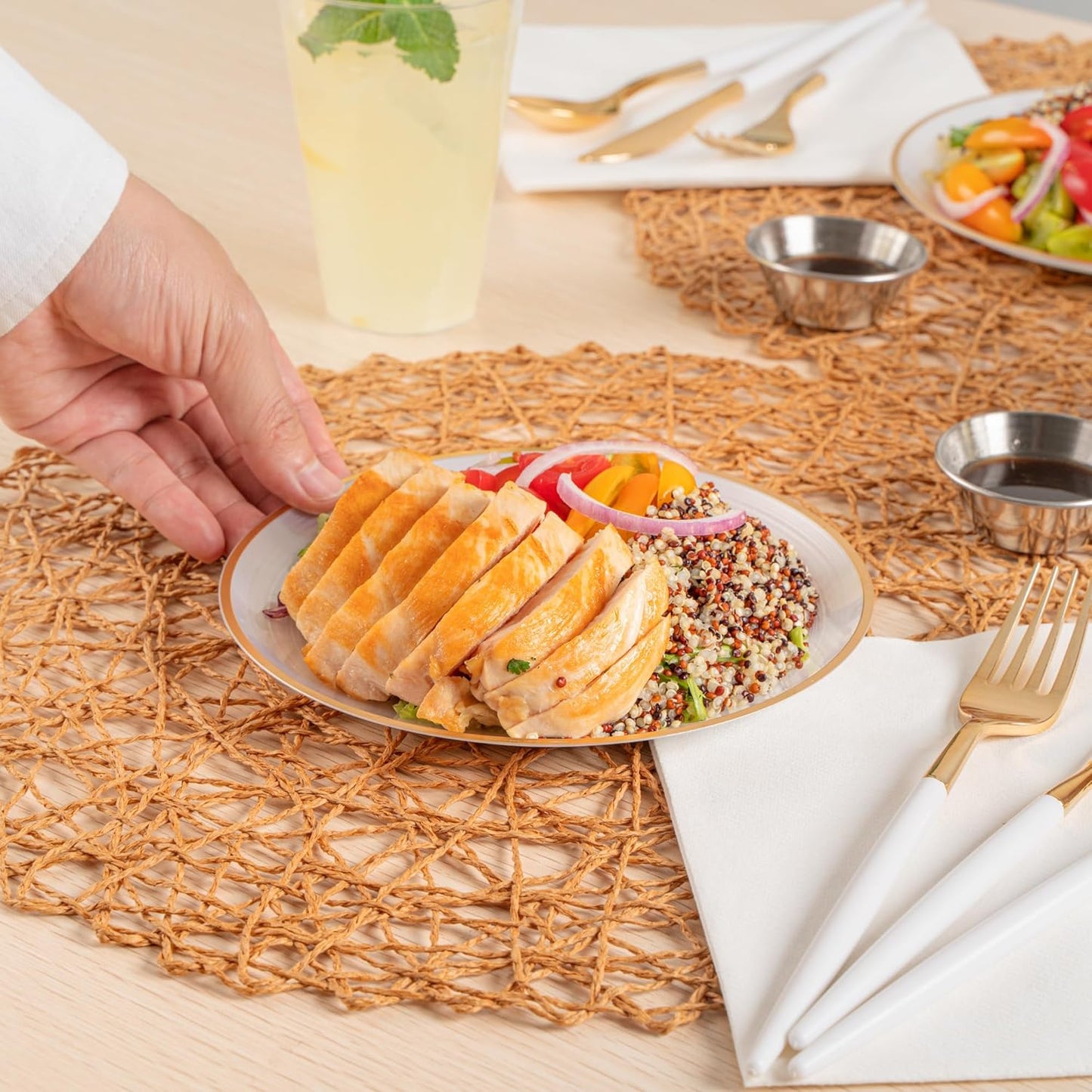 Restaurantware Plastic Plates 20 Pcs 7.25" Gold Rimmed Disposable Plates Heavy-Duty White Translucent Rippled Plastic Dinner Servers for Party, Weddings, Salads, Desserts, and Appetizers