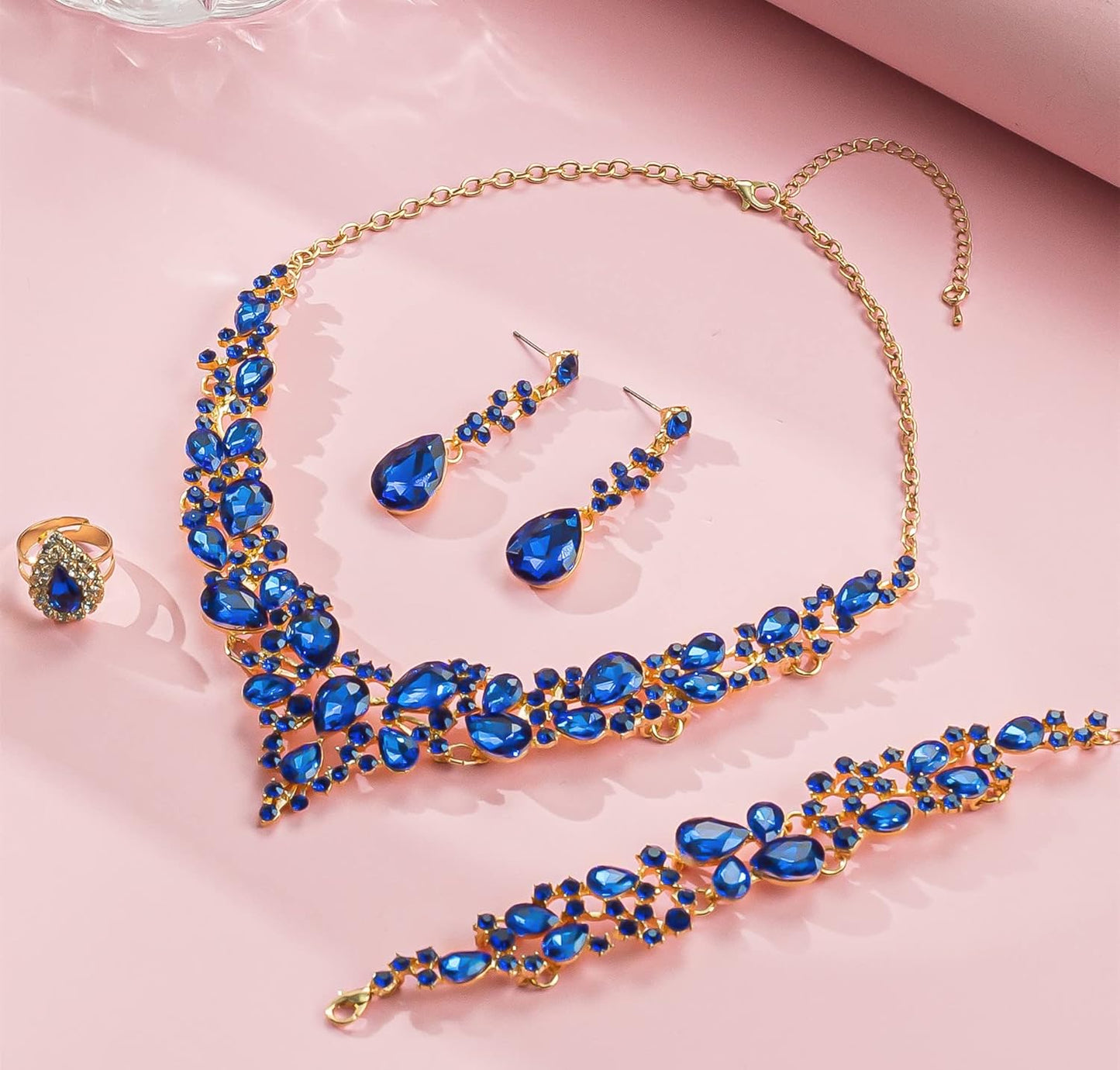 Crystal Bridal Wedding Jewelry Sets for Women Rhinestone Teardrop Crystal Statement Choker Necklace Drop Earrings Link Bracelets Rings Teardrop Jewelry Set for Brides Bridesmaids