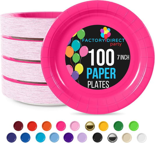Exquisite Hot Pink Paper Plates Disposable Heavy Duty 7 Inch Hot Pink Disposable Plates For Party 100 Pcs Heavy Duty Paper Plate 350 GSM, Birthday Party Supplies Plate Set