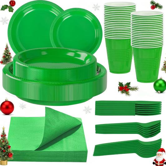 WELLIFE 210Pcs Green Plastic Plates, Christmas Plates Disposable, Christmas Party Supplies Including Green plates, 12oz Cups, Plastic Cutlery and Napkins Serve 30 Guests