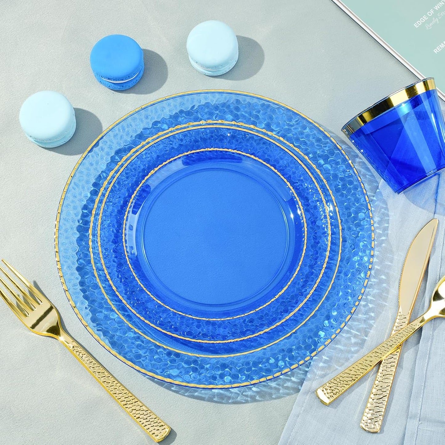 350PCS Clear Blue Plastic Plates for 50 Guests, Disposable Dinnerware Set for Party and Graduation, Includes 100 Plastic Plates, 50 Pre Rolled Napkins with Gold Silverware, 50 Cups