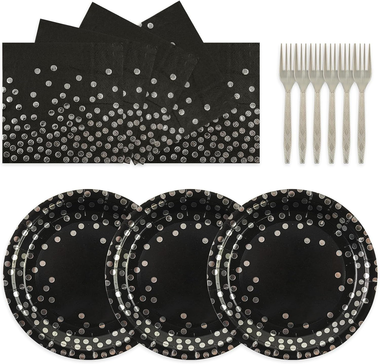 75PCS Paper Plates and Napkins Set - Black and Sliver Dot Disposable Party Dinnerware Includes Paper Plates, Napkins, Forks Decorations for Graduations, Birthdays and Weddings, Serves 25