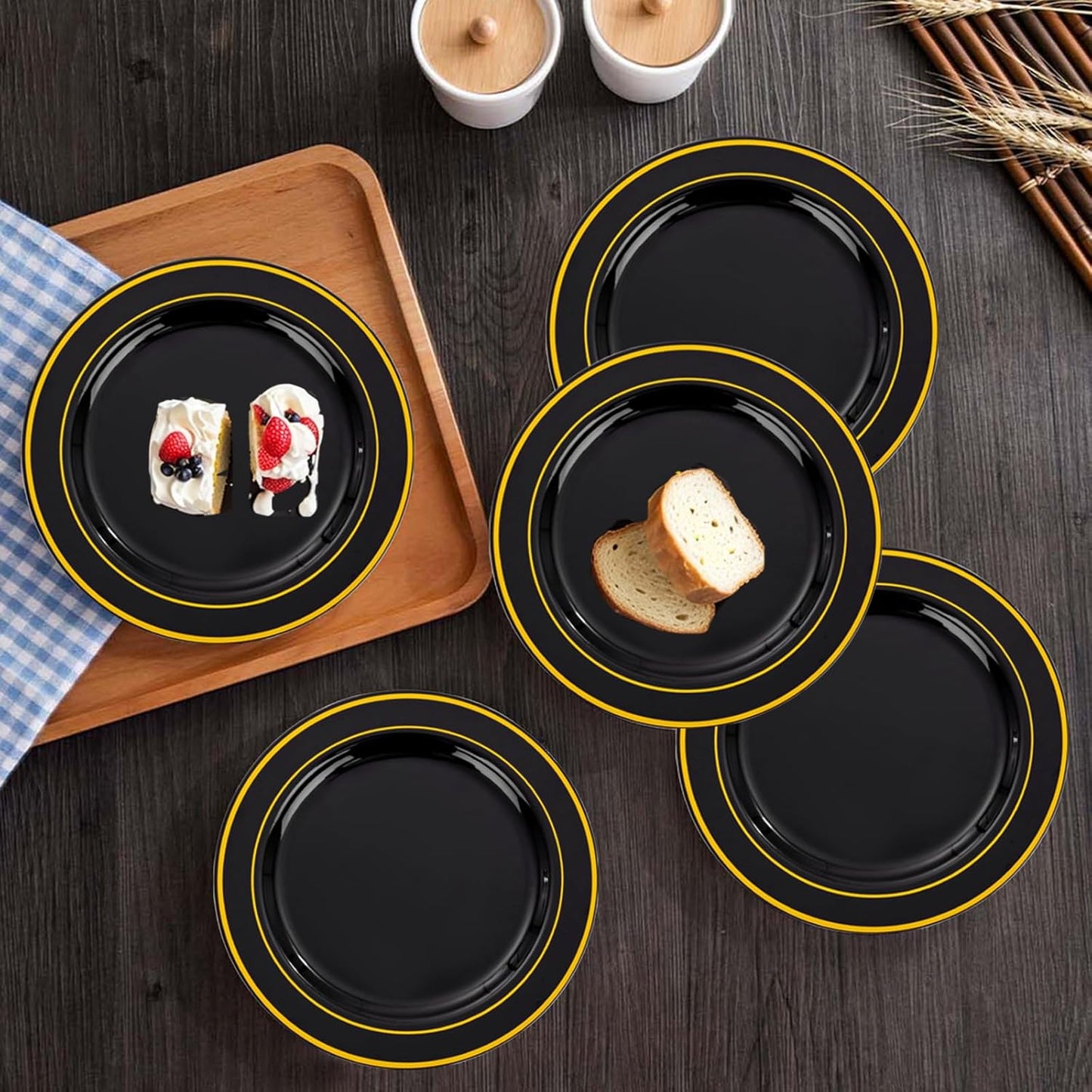 bUCLA 100PCS Black and Gold Plastic Plates - 6.25 inch Black Gold Premium Hard Disposable Dessert/Salad/Appetizer/Small Cake Plates for Party, Graduation & New year