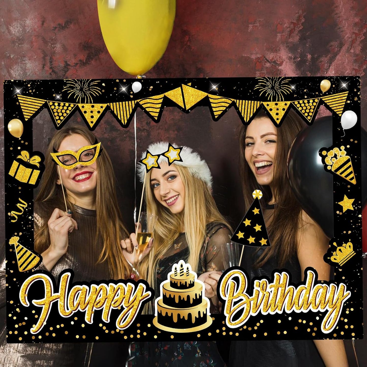 Birthday Party Decorations for Boys & Girls - Black & Gold Photo Booth Props & Selfie Frame Set