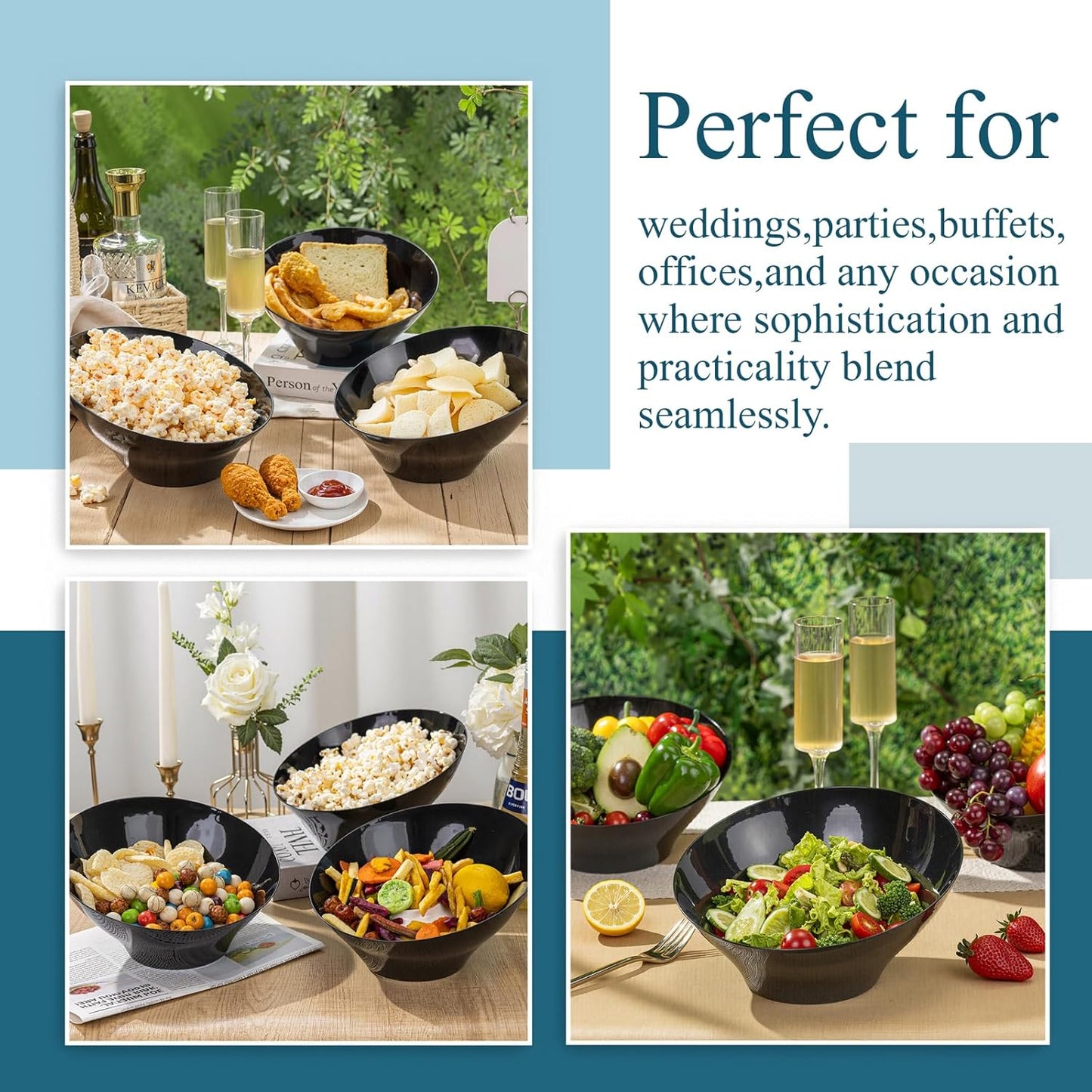 Liacere 16PCS Black Plastic Bowls - 54 OZ Angled Serving Bowls Disposable for Chip - Candy Party Table Salad and Fruit for Party & Wedding & New Year