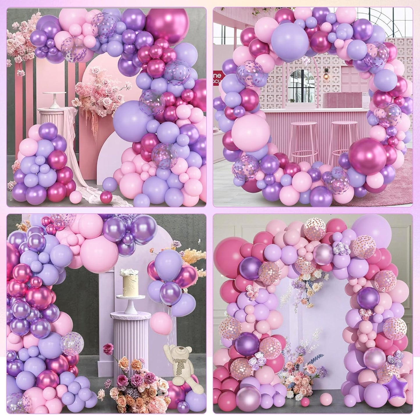 Amandir 153pcs Pink Purple Balloon Garland Arch Kit, Different Sizes 18 12 10 5 inch Pink Purple Red Latex Metallic Confetti Purple Balloons for Girl Women Birthday Bridal Baby Shower Party Decoration