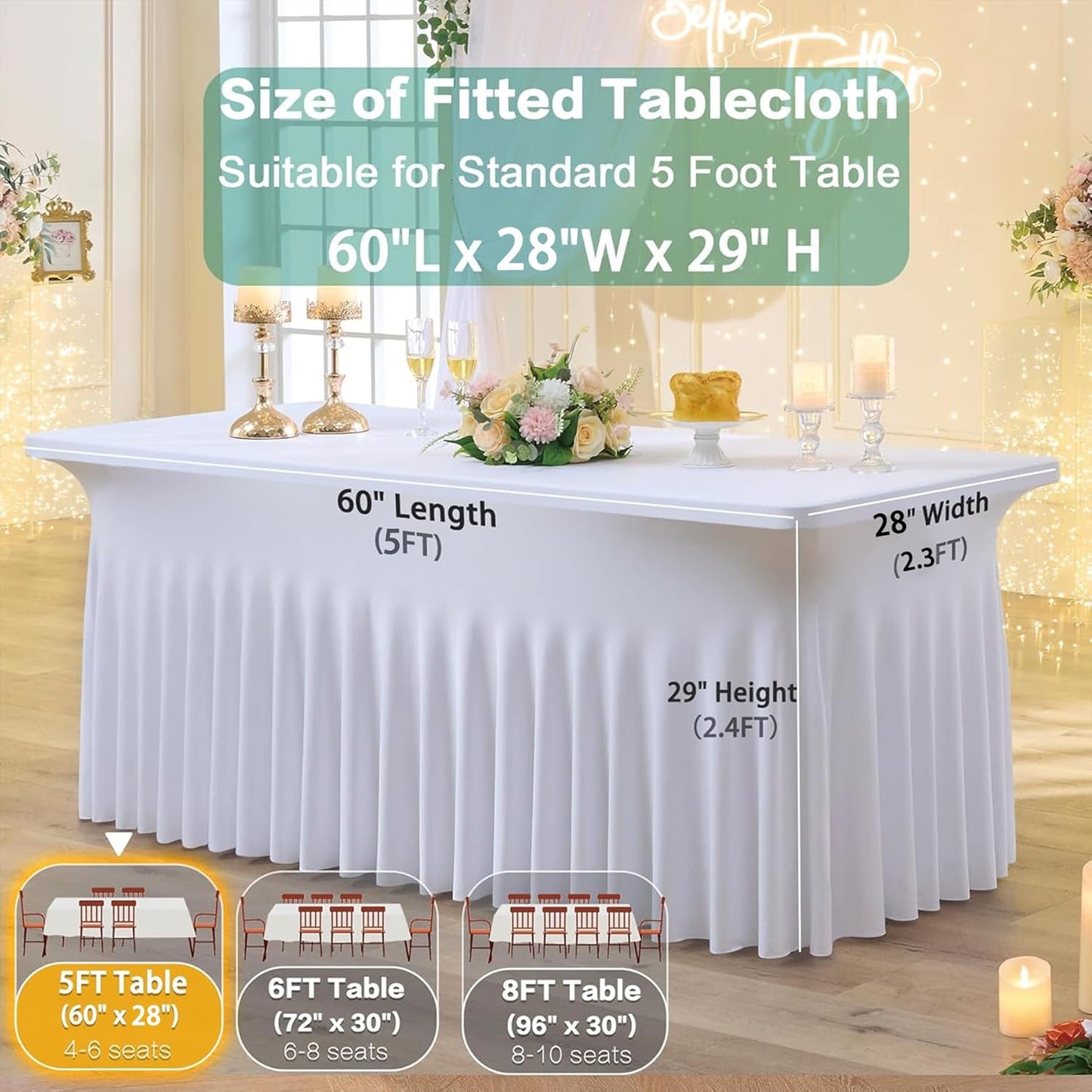 4 Pack White Spandex Tablecloth for 5 Foot Rectangle Tables, Wrinkle Free Fitted Table Clothes Cover 5ft Stretchy Tablecloths with Skirt for Parties Weddings Birthday Banquet Baby Shower