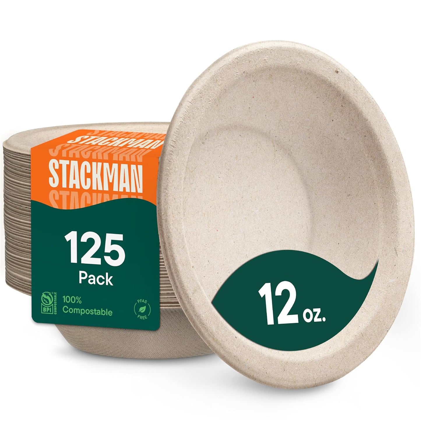 Stack Man Paper Bowls, 100% Compostable Disposable Soup Bowl [125-Pack] 12 oz. Heavy Duty, Eco-Friendly, Biodegradable Bagasse Hot Food Plates and Bowls - Natural Brown (BPI Certified) (PFAS-Free)