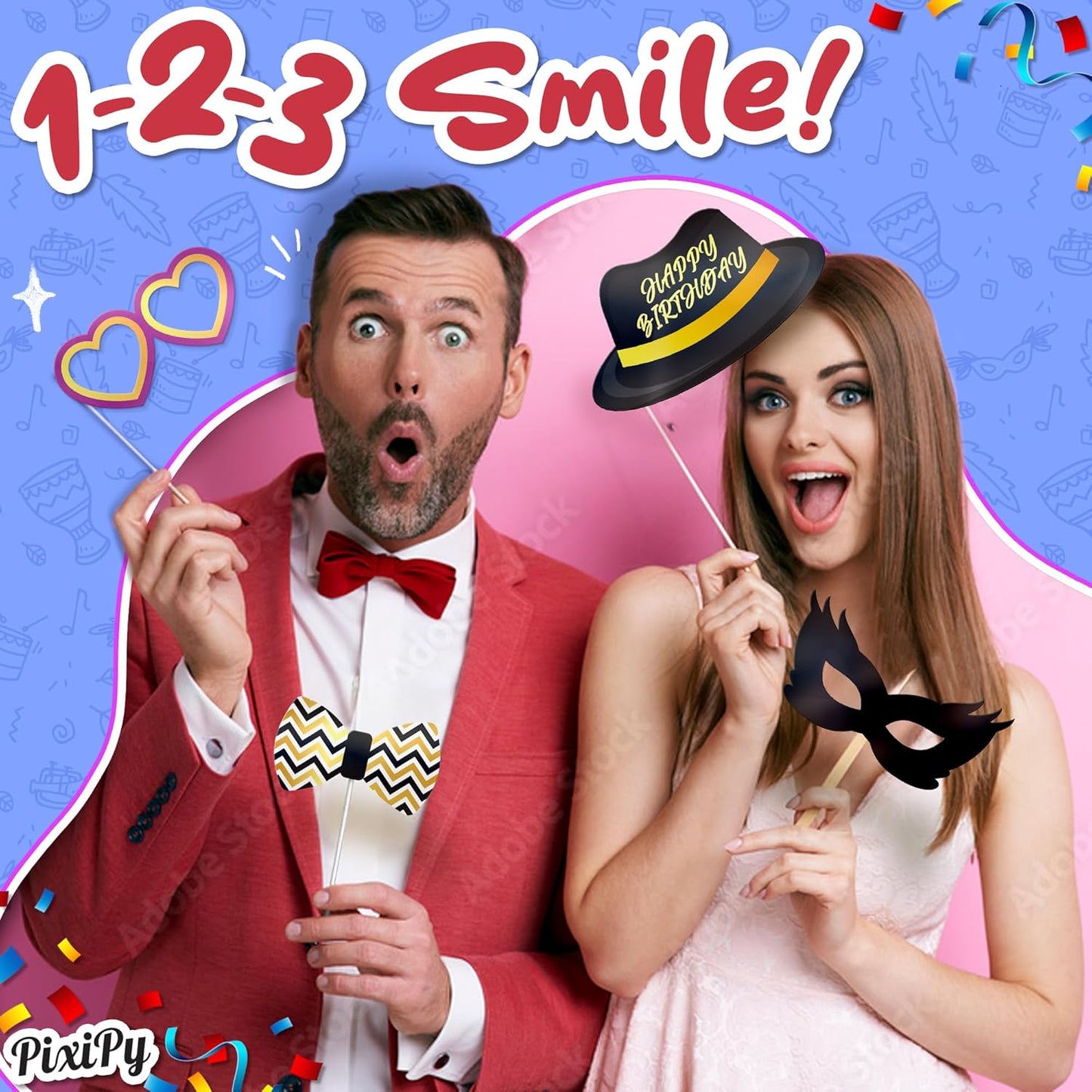 Premium Birthday Photo Booth Props Kit - 54 pc, Multicolored - Happy Birthday Party Fun Photobooth Selfie Accessories - for Adults & Kids - Funny Photoshoot w/Friends - by PixiPy