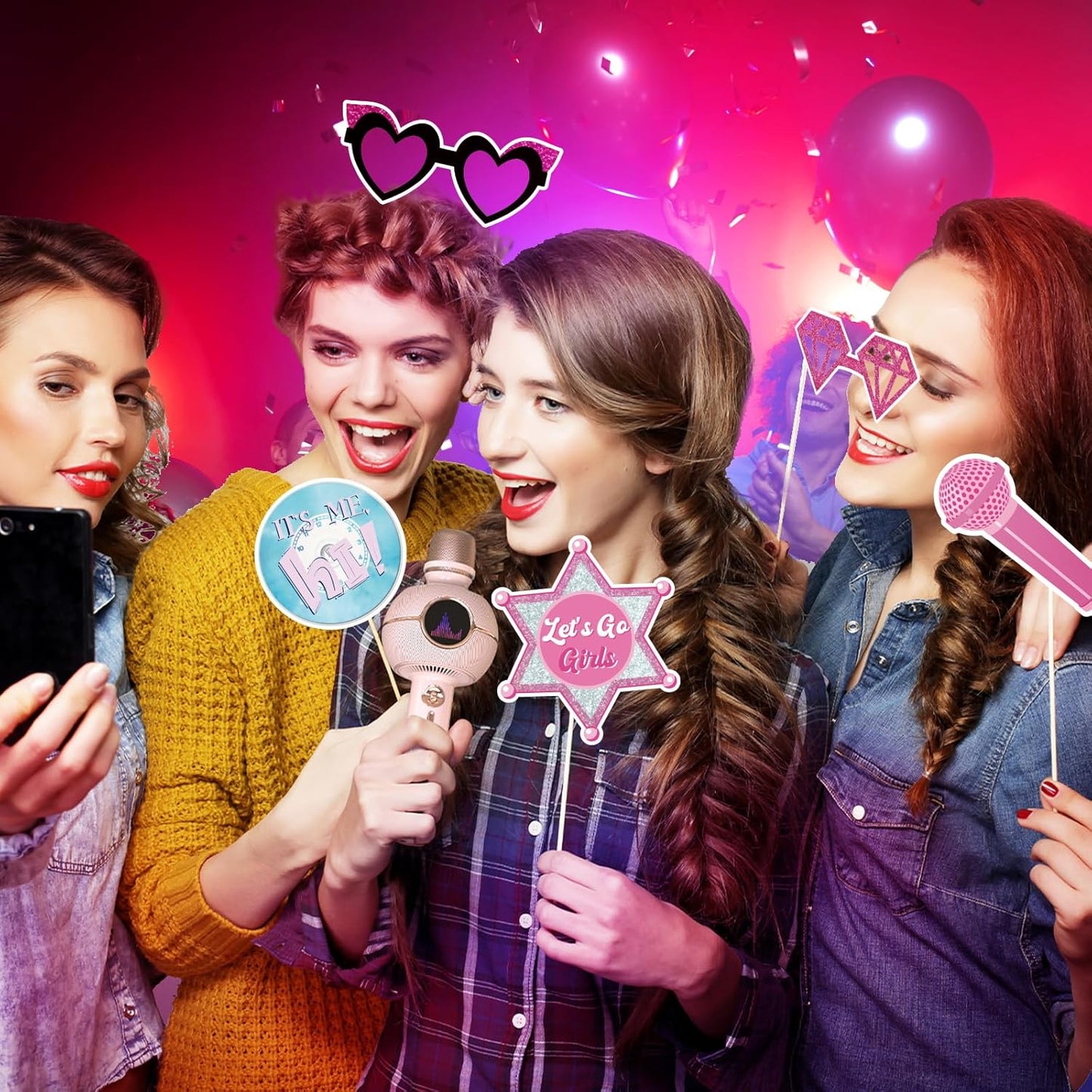 24pcs Sing Photo Booth Props, Birthday Party Supplies Sing Theme Photo Booth Props Set for Fans Girls Music Lover, Birthday Music Lyrics Party Decorations, Pink Theme Photo Booth Props for Girls