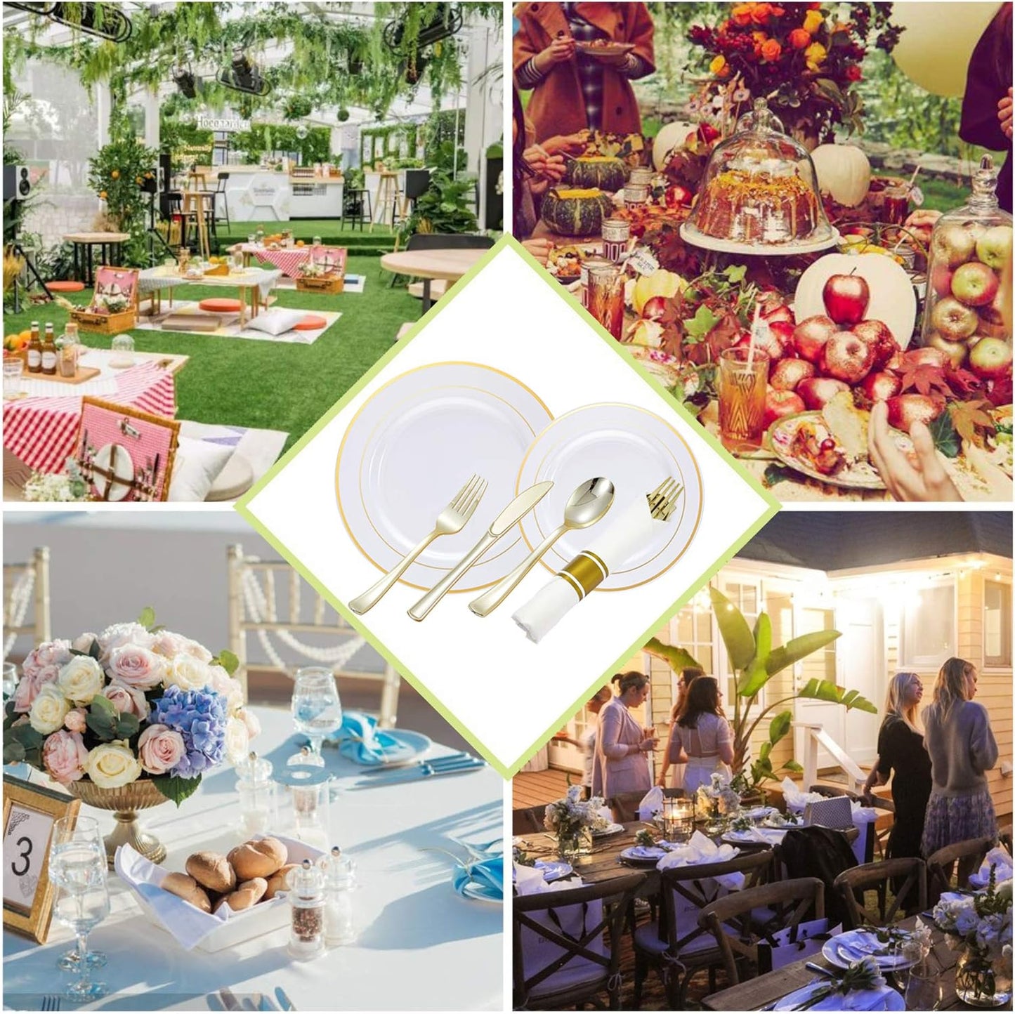 Gold Plastic Plates and Disposable Silverware w/Per-Rolled Napkins,Home Parties Heavy Duty Dinnerware incl Dinner Plates,Linen Like Napkin, Cutlery(72 pcs,12 Guests)