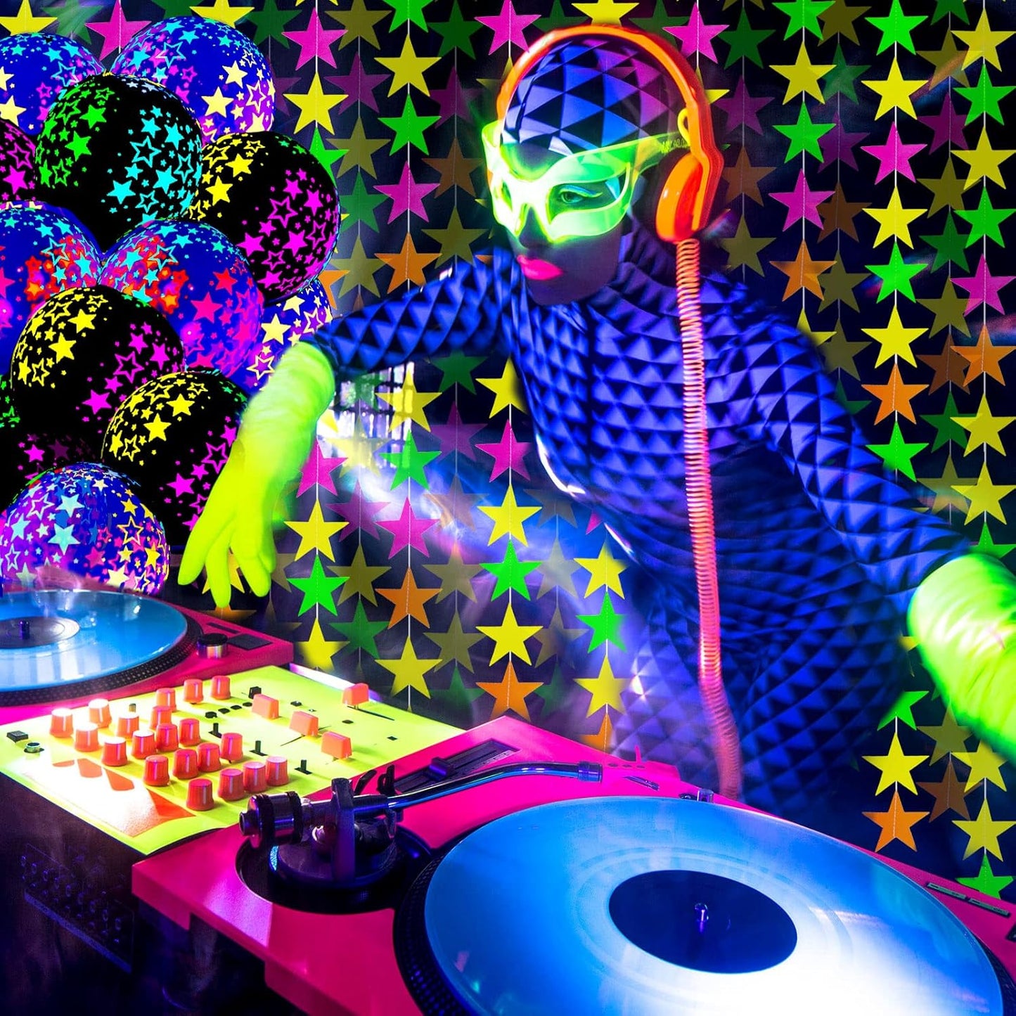 32 Pcs Glow in The Dark Party Supplies Christmas Neon Party Favors with 25 Fluorescent Balloon 6 Rolls 98.4 ft UV Blacklight Luminous Tape 14.4 ft Neon Streamer Garland for Adults(Bright Star)