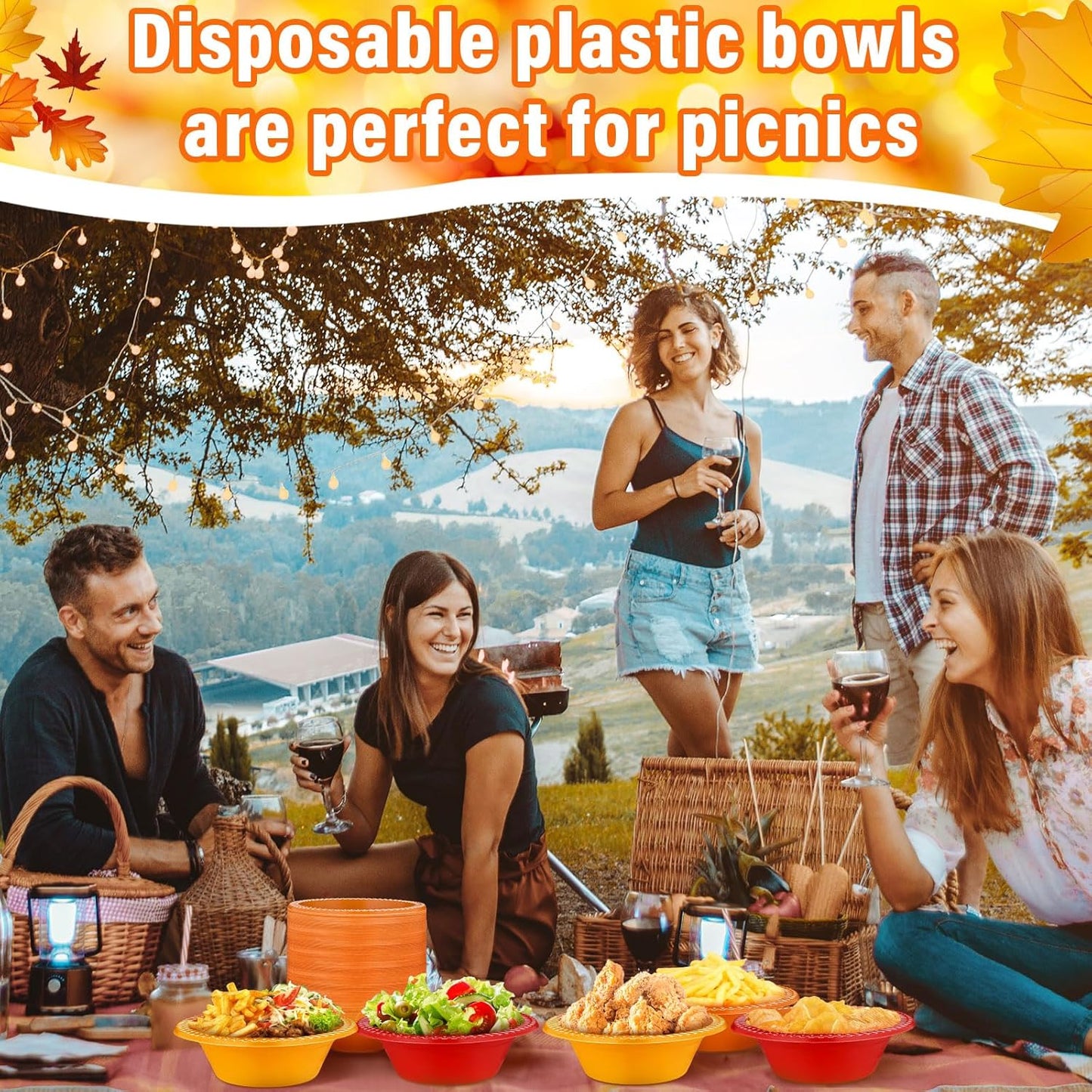 Layhit 100 Pcs Thanksgiving Plastic Bowls 12 oz Disposable Salad Yellow Red Orange Plastic Serving Autumn Party Supplies Candy Snack Bowls for Thanksgiving Harvest Party Picnic