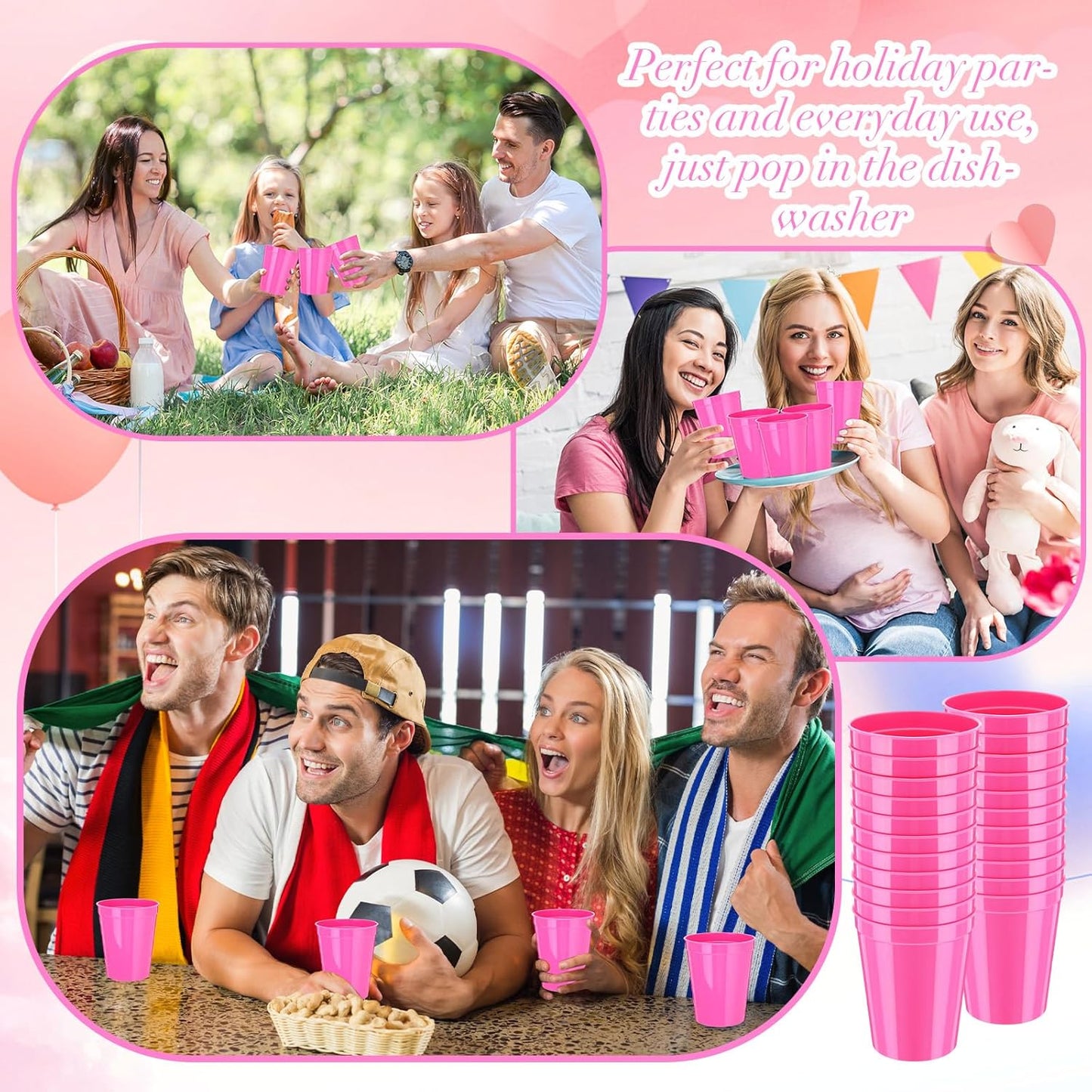 Yungyan 50 Pack 16oz Stadium Cups Reusable Plastic Cups Blank Drink Tumblers for Parties, Events, DIY Projects, 4.5 x 3.54 x 2.72 Inch (Rose Red)