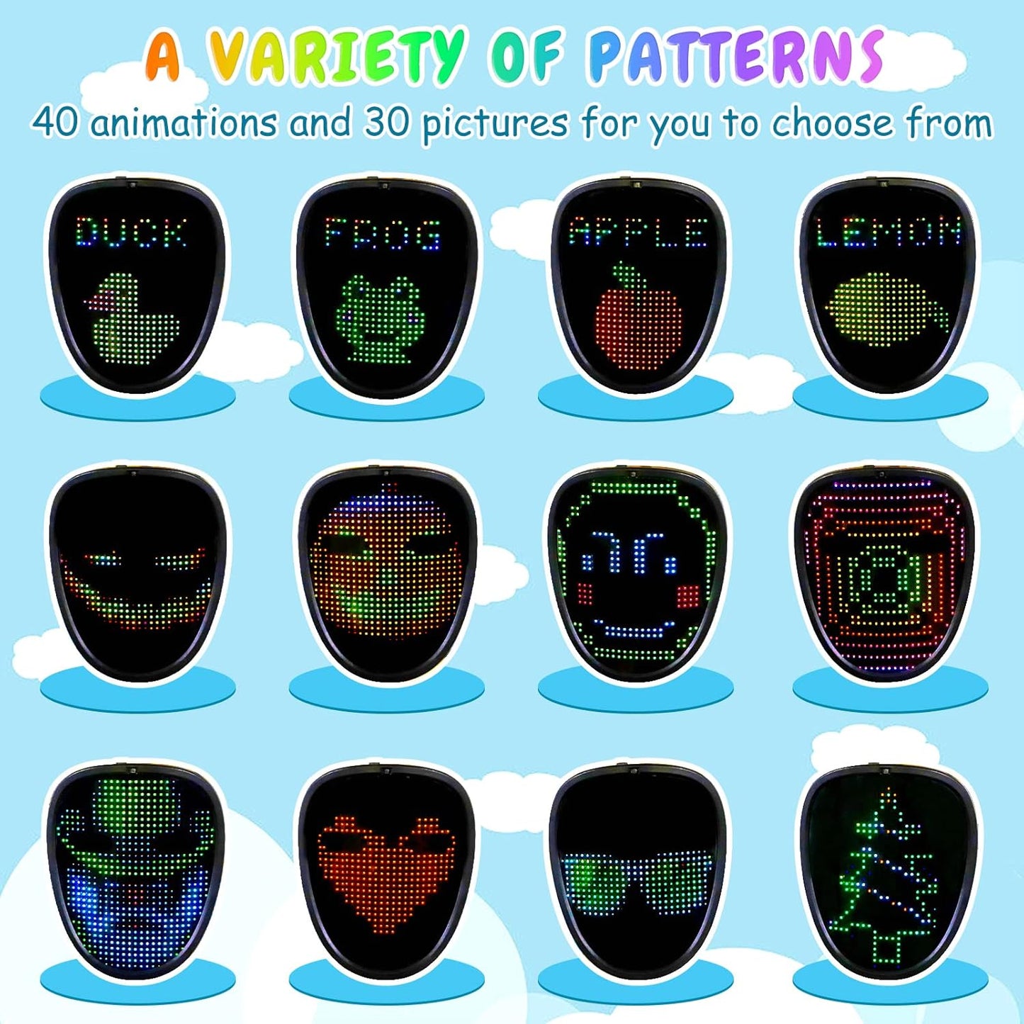 Ompusos LED Mask with Gesture Sensing, Light-Up Transforming Face Cover for Halloween, Christmas, Cosplay & Birthday Parties