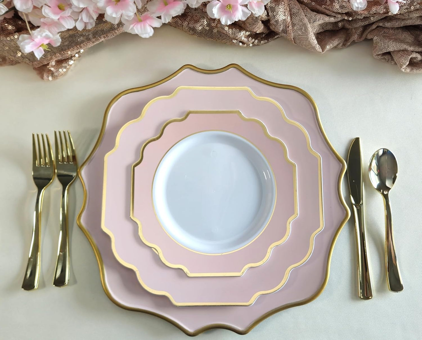 " OCCASIONS " 50 Plates Pack (25 Guests)-Heavyweight Wedding Party Disposable Plastic Plate Set -(25x10.5'' Dinner + 25x8'' Salad/Dessert) (Imperial in Blush Pink & Gold)