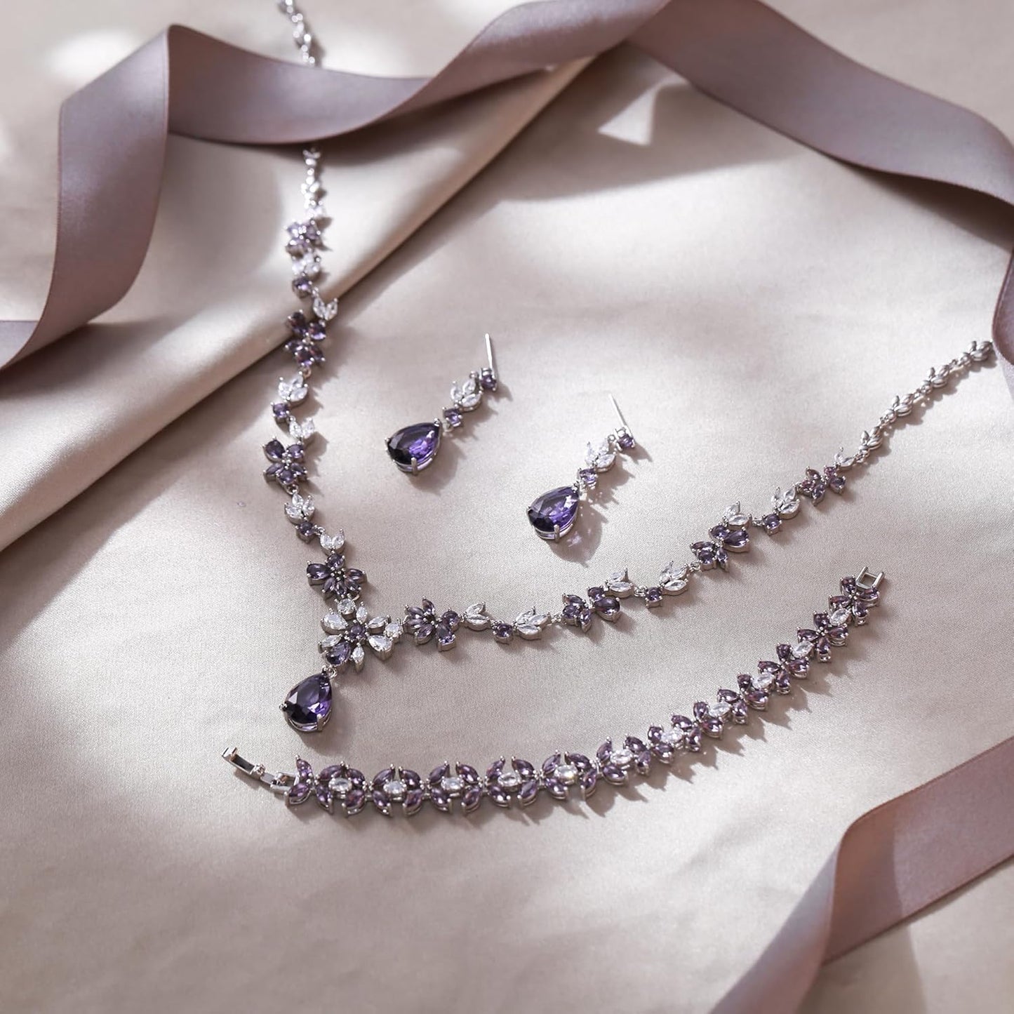 EVER FAITH Bridal Jewelry Set for Bride Bridesmaid, Flower Leaf Teardrop Cubic Zirconia Necklace Dangle Earrings Bracelet Sets Wedding Party for Women