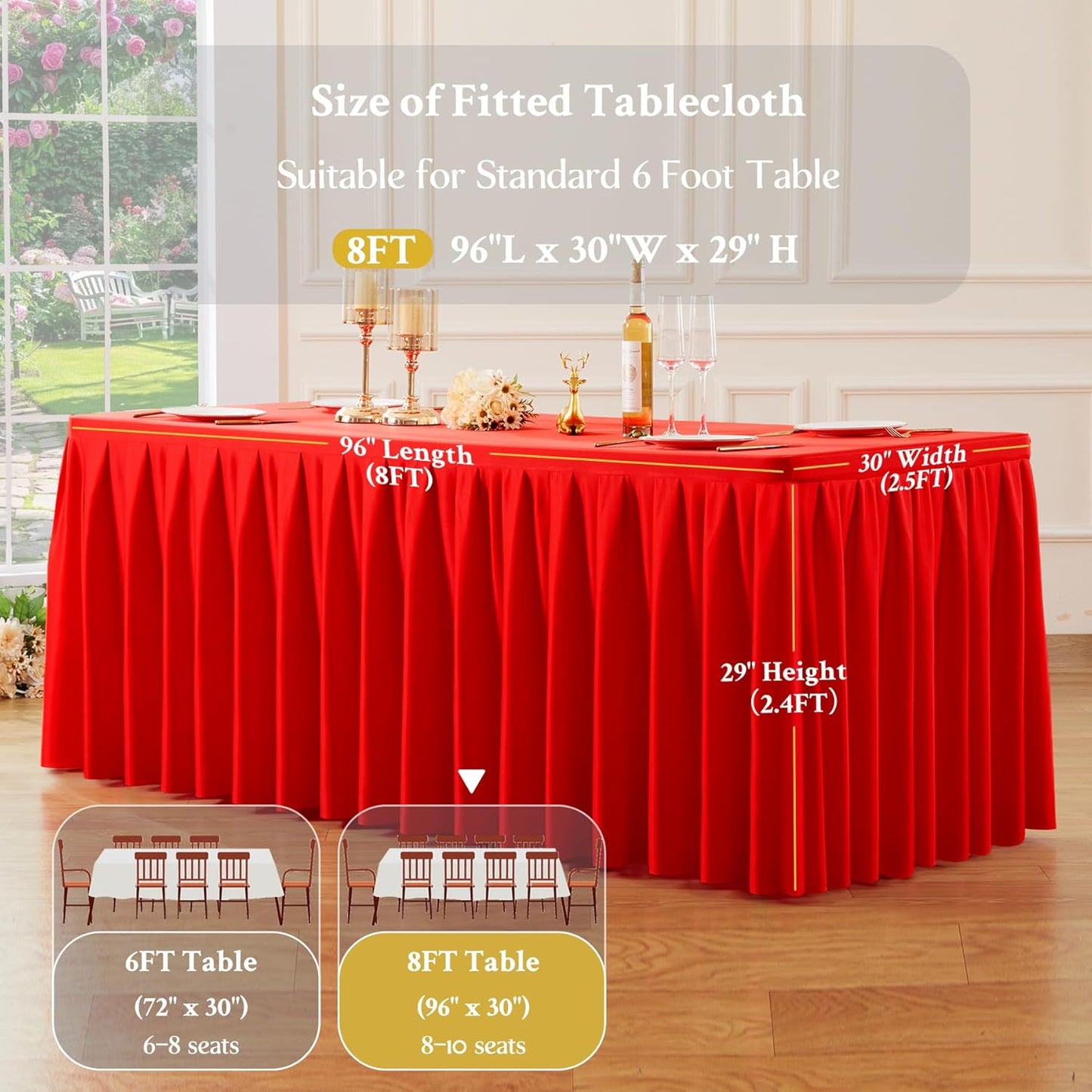 4 Pack Red Rectangle Tablecloth 8 FT Stretch Spandex Fitted Table Cloth for 8 Foot Rectangle Tables Banquet Tablecloths Wrinkle Free Table Cover Skirt Ruffle Tablecloth for Party Wedding Birthday