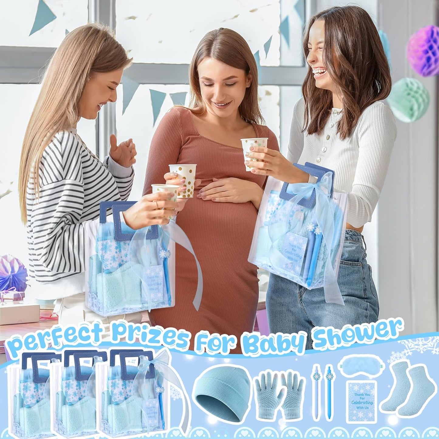 Shihanee 6 Sets Baby Shower Prizes for Game Wedding Bridal Shower Winners Favors Include Beanie Hat Touch Screen Gloves Fuzzy Socks Plush Sleep Eye Mask Cup Sleeves Ballpoint Pen Card Gift Bags (Blue)