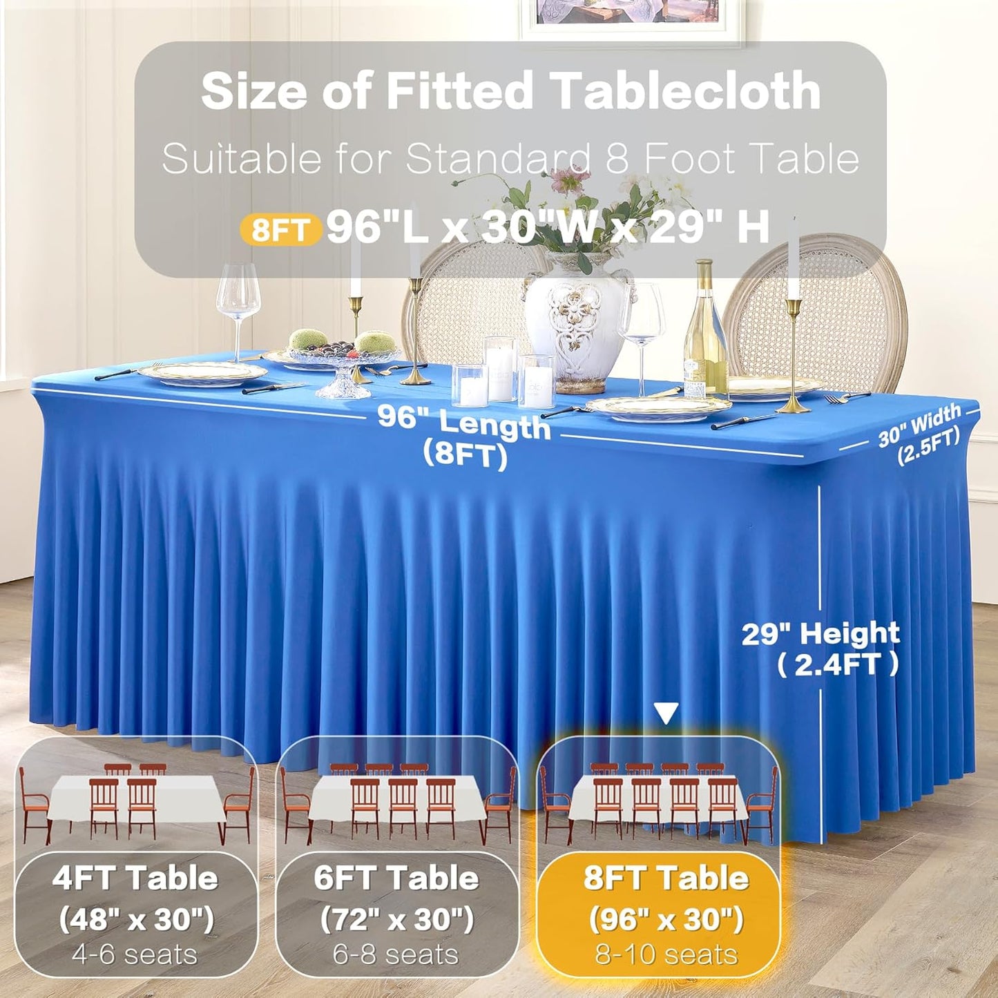 6 Pack Royal Blue Spandex Tablecloths for 8 Foot Rectangle Tables, Wrinkle Free Fitted Tablecover 8ft Stretchy Table Cloth with Skirt for Weddings Birthday Party Banquet Baby Shower
