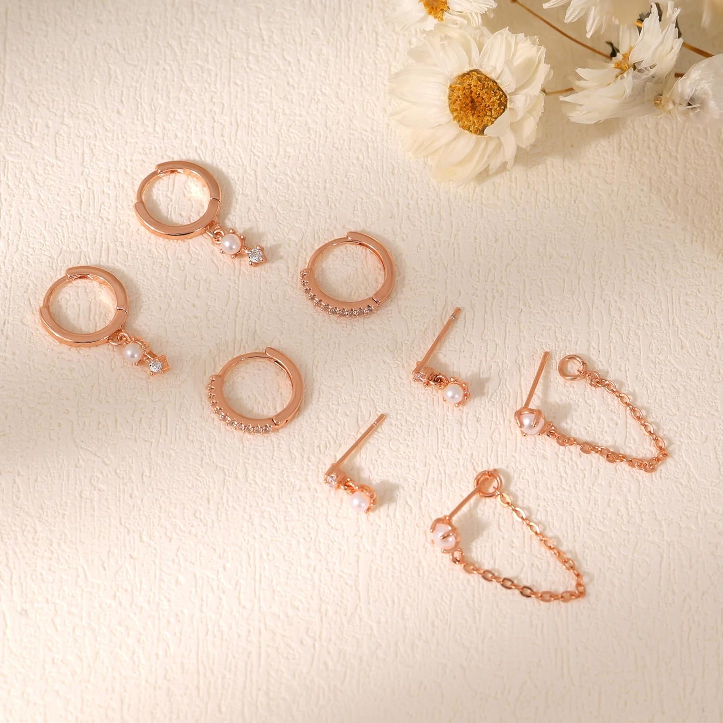 Gold Earrings for Women, 14k Gold Plated Dangle Huggie Earrings for Women Trendy Dainty Gold Hoop Earring Stacks Hypoallergenic Pearl Chain Drop Cartilage Earring Fashion Womens Jewelry