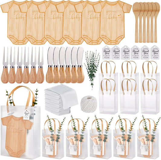 55Pcs Baby Shower Prizes for Game Winners 6 Sets Bodysuit Shaped Cheese Board Gift with Spoons Butter Spreaders Kitchen Towels Bridal Gift Bags Shower Party Favors for Guests (Bodysuit Shaped, 6 Sets)
