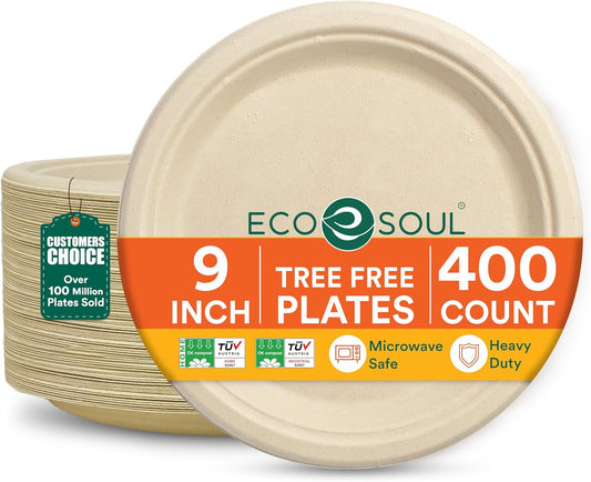 ECO SOUL 100% Compostable 9 Inch Paper Plates 400 [4x100 Pc], Biodegradable, Disposable Bagasse Paper Plates | Heavy-Duty Eco-friendly Dinner | Sturdy, Microwave & Oven Safe