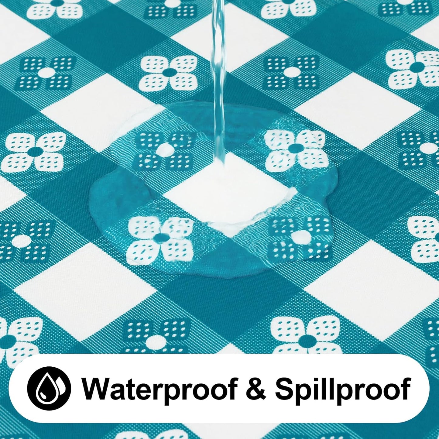 Rectangle Vinyl Table Cloth, Waterproof Elastic Fitted Tablecloth with Flannel Backing, Plastic Table Cover for Picnic, Camping, Outdoor (White & Turquoise, 30"x72")