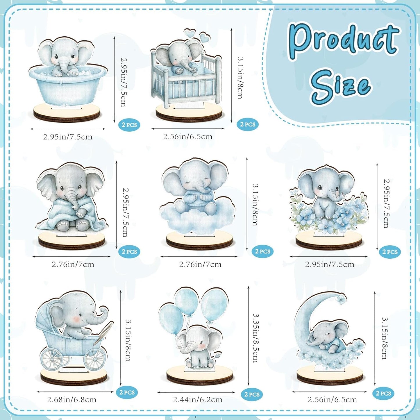 16 Pcs Wooden Baby Shower Table Centerpiece Blue Elephant Tabletop Detachable Sign It's A Boy Gender Reveal Table Toppers Display Decoration Elephant Birthday Photo Props Party Favor Supplies