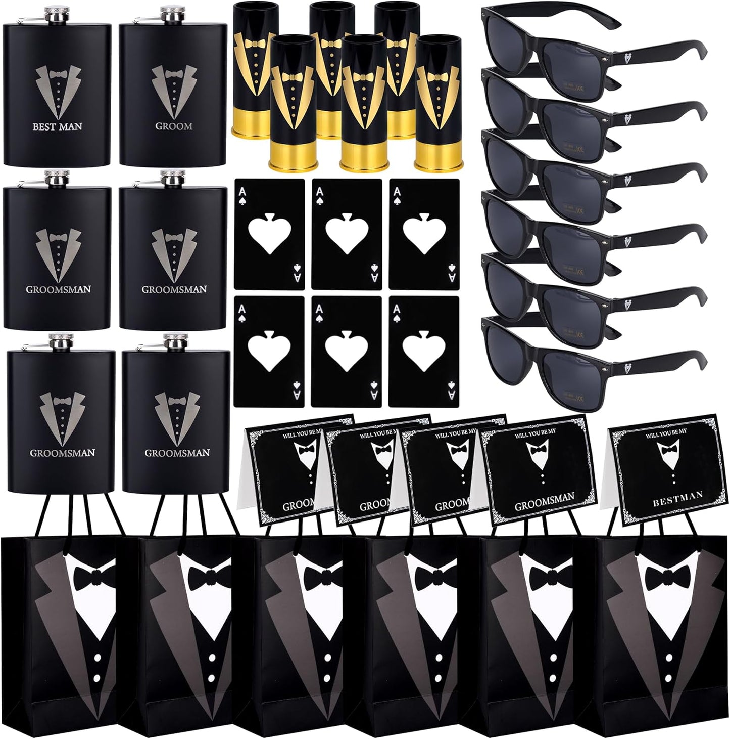 35 Pieces Groomsmen Gifts Set:6 Tuxedo Flask 6pcs Bottle Opener 6 Groomsmen Gauge Glasses 6 Sunglasses 5 Card 6 Gift Bags for Wedding Bachelor Party