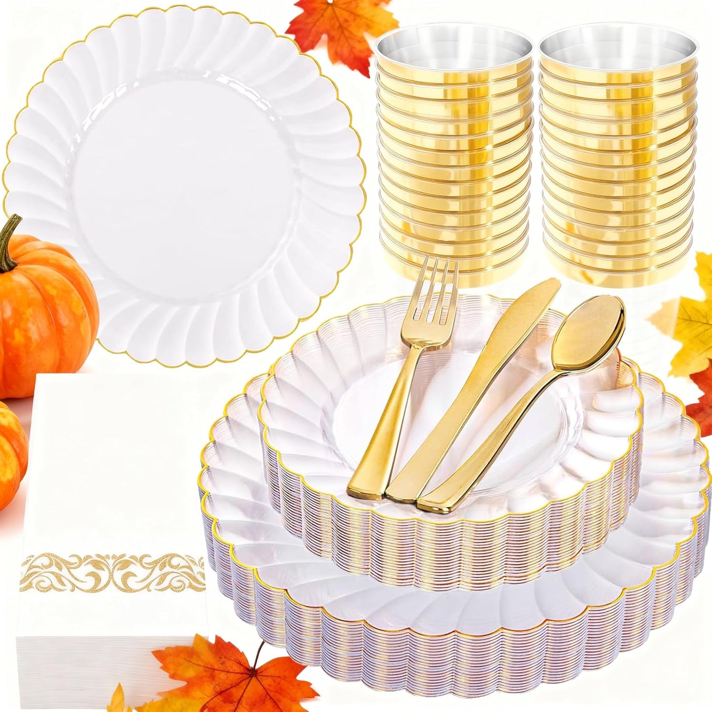 YOUBET 175PCS Gold Scalloped Plastic Plates - Clear and Gold Disposable Dinnerware Set Include 50 Plates, 75 Gold Silverware, 25 Cups, 25 Napkins for Party & Wedding & Thanksgiving
