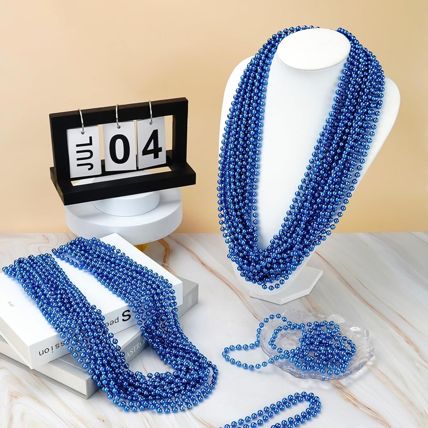 YAXINRUI 24 PCS Blue Bead Necklaces, Blue Mardi Gras Christmas Bead Necklaces, 33 Inch Round Patriotic Necklace, Beads Party Favors for Mardi Gras Christmas 4th of July Festive Events