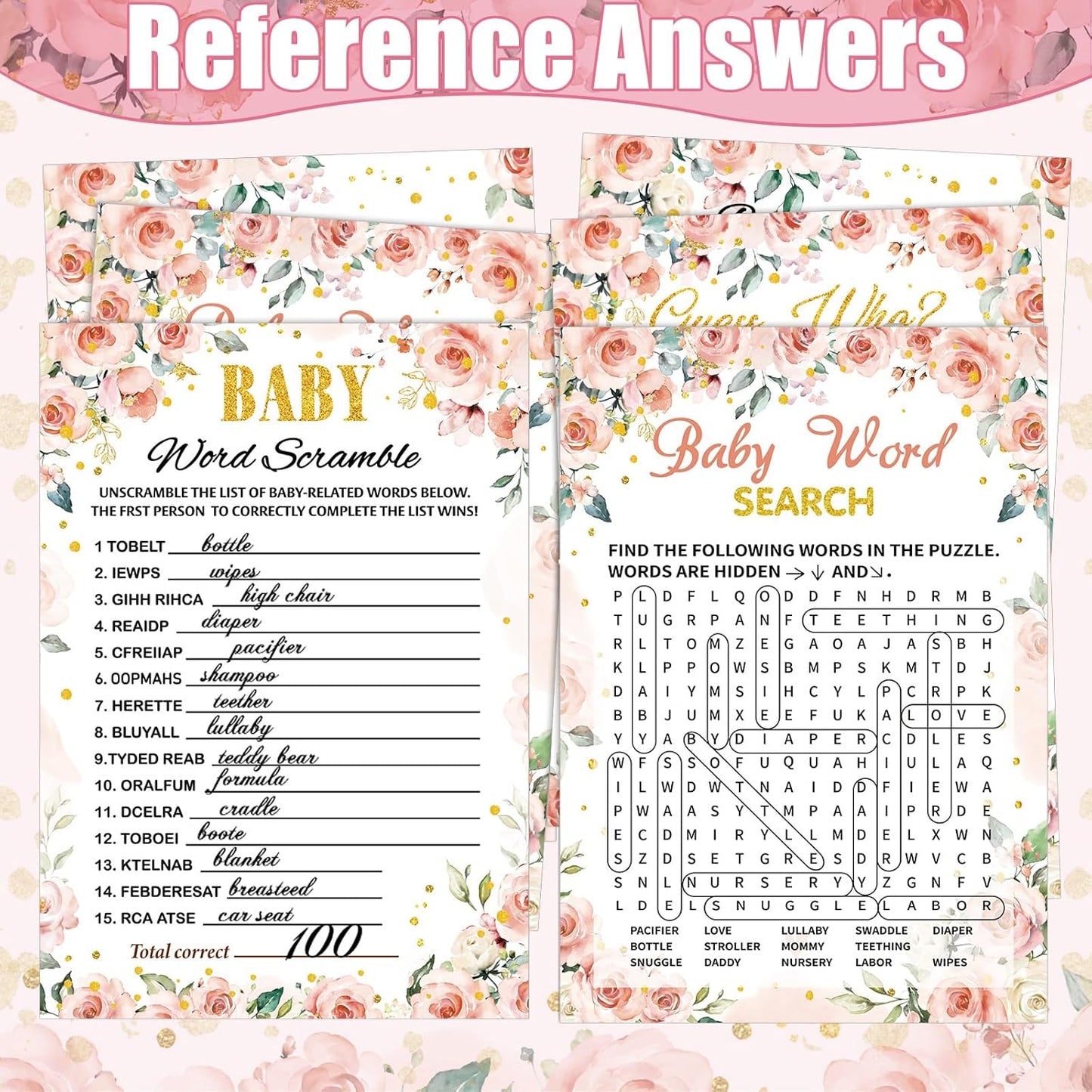 426 Pcs Floral Baby Shower Games Set-8 Games, Includes Baby Shower Bingo, Price is Right, Guess Who, Word Scramble, Prediction and Advice, How Big is Mommy's Belly, Don't Say The Words
