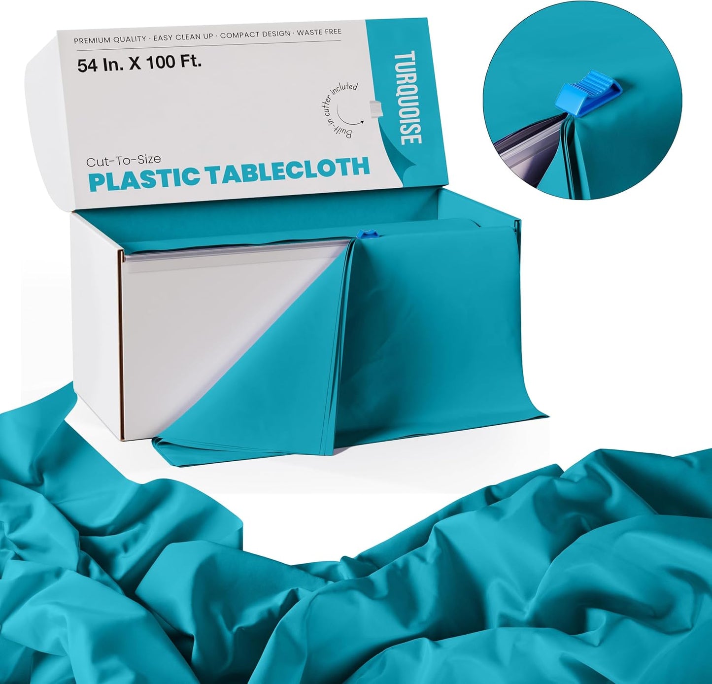 Party Solids 54 Inch X 100 Feet Turquoise Plastic Table Cover Roll in A Cut - to - Size Box with Convenient Slide Cutter. Cuts Up to 12 Rectangle 8 Feet Plastic Disposable Tablecloths