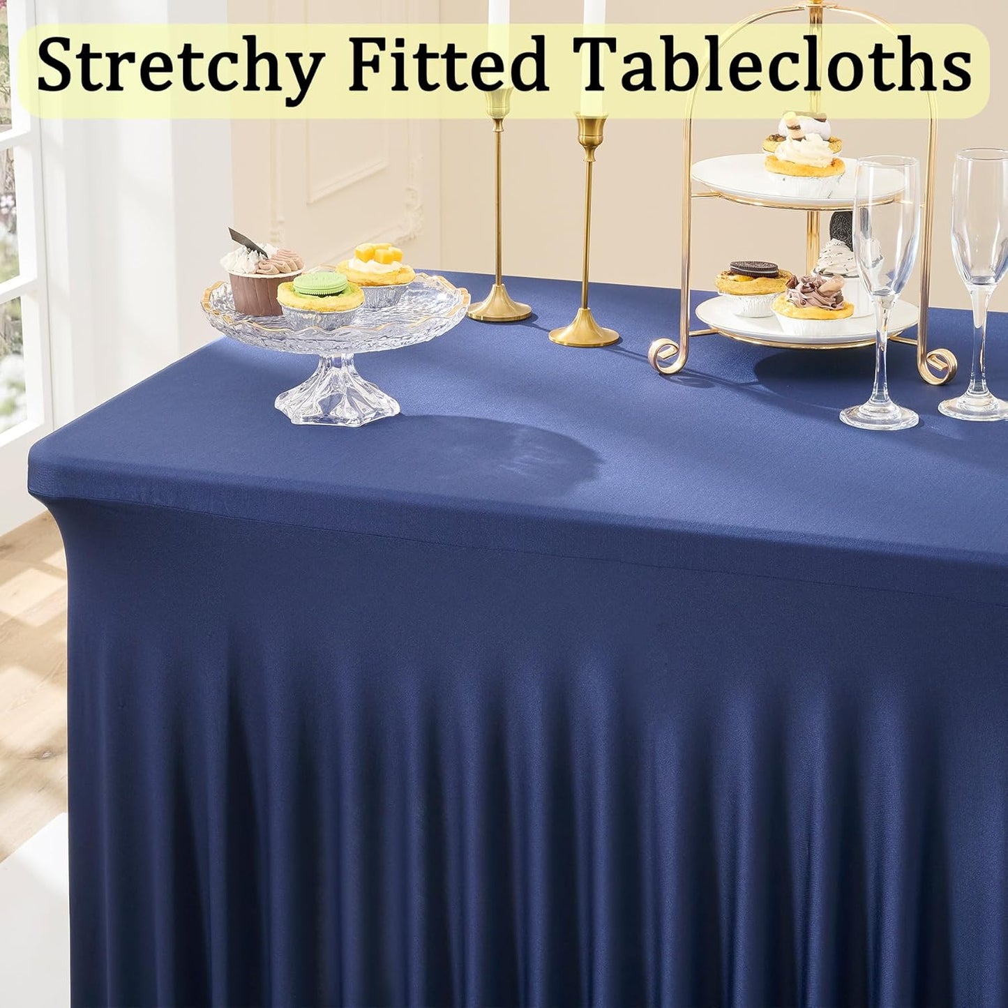 4 Pack Spandex Navy Blue Tablecloths for 8 Foot Rectangle Tables, Fitted Table Cloth 8ft Stretchy Tablecover Skirt for Parties Weddings Birthday Banquet Baby Shower