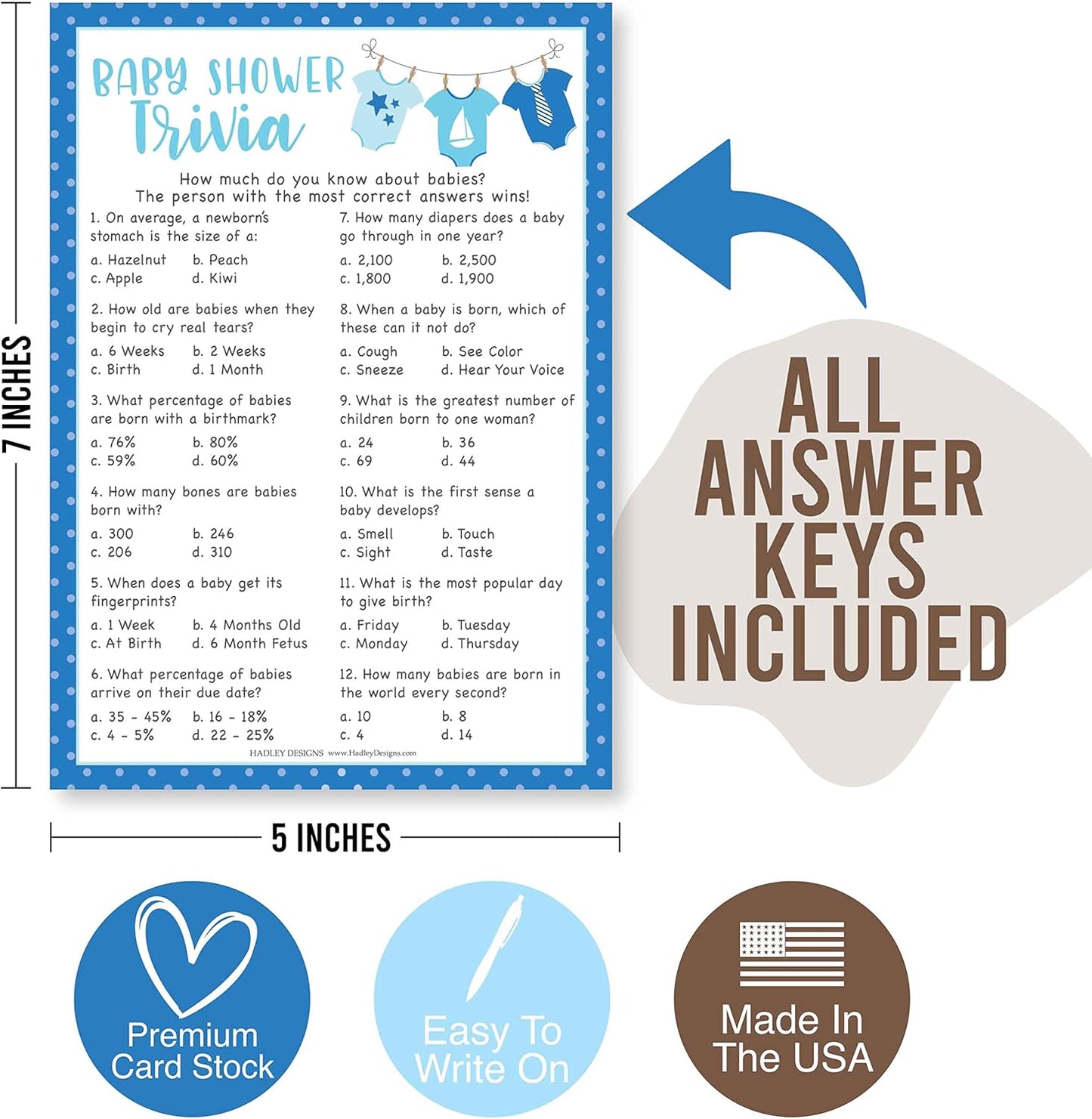 Hadley Designs Hilarious Baby Shower Games for Boys 25 Double-Sided Cards for 25 Guests, 2 Games, Baby Trivia, Find The Guest, USA-Made (Blue)
