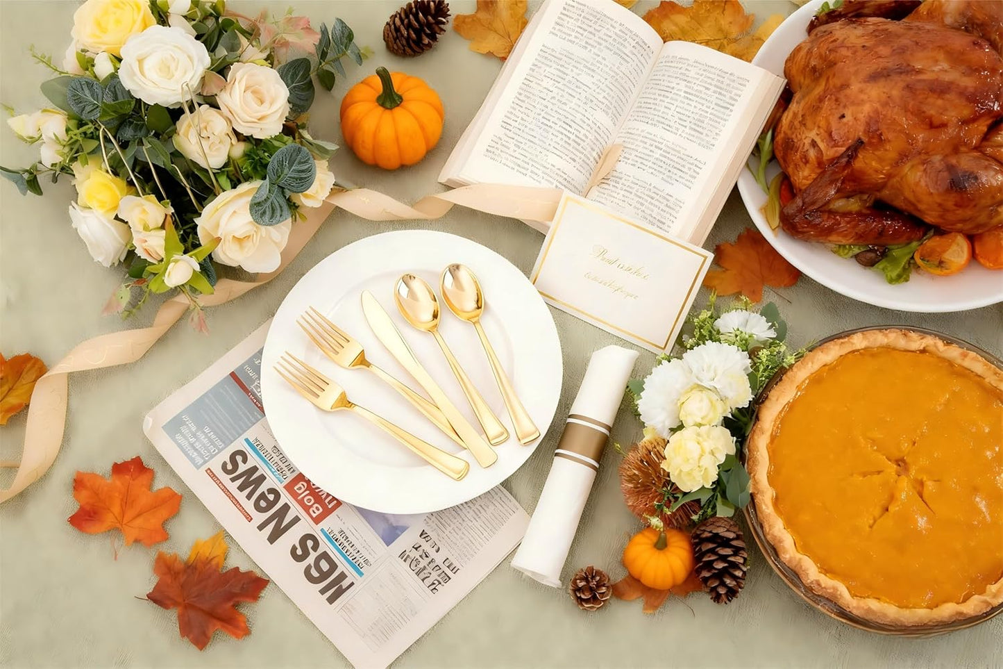 Liacere 100Pack Pre Rolled Gold Silverware and Napkin-Disposable Gold Plastic Utensils-Wrapped Plastic Cutlery Set with Napkin:100 Forks,100 Knives,100 Spoons,100 Napkins for Wedding&Thanksgiving