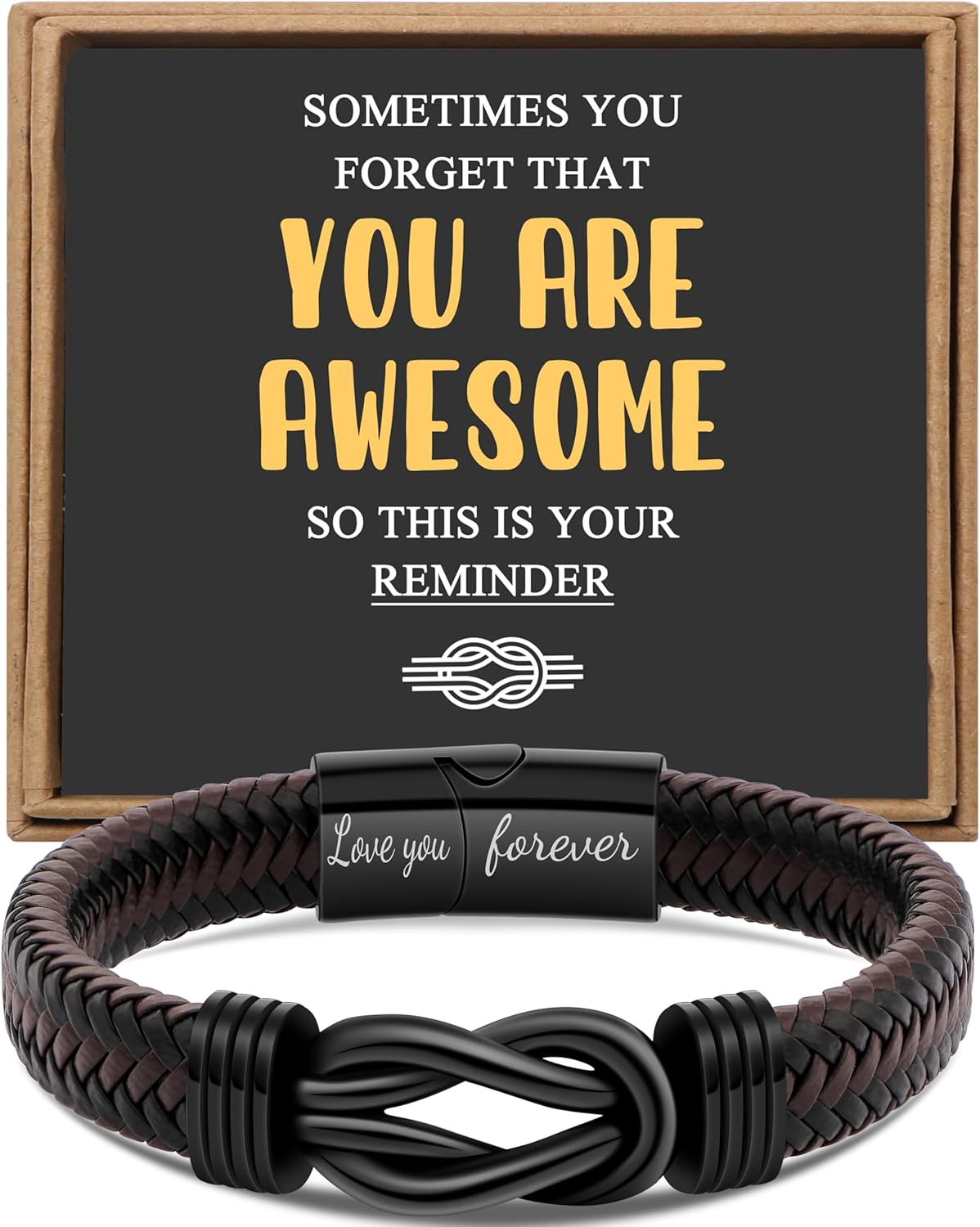 Gift for Men Infinity Bracelet for Men Dad Husband Boyfriend Son Grandson Brother Nephew Uncle Brown Braided Leather Forever Linked Together Stainless Steel Engraved with Love You Forever Jewelry 7.5|8.5|9 Inches