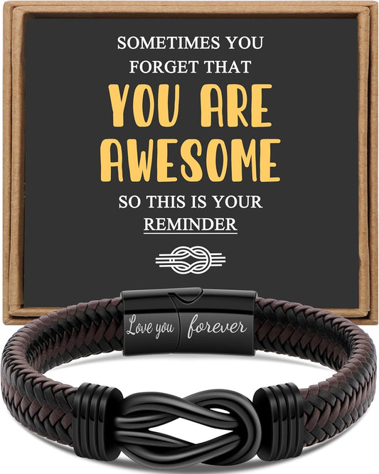 Gift for Men Infinity Bracelet for Men Dad Husband Boyfriend Son Grandson Brother Nephew Uncle Brown Braided Leather Forever Linked Together Stainless Steel Engraved with Love You Forever Jewelry 7.5|8.5|9 Inches