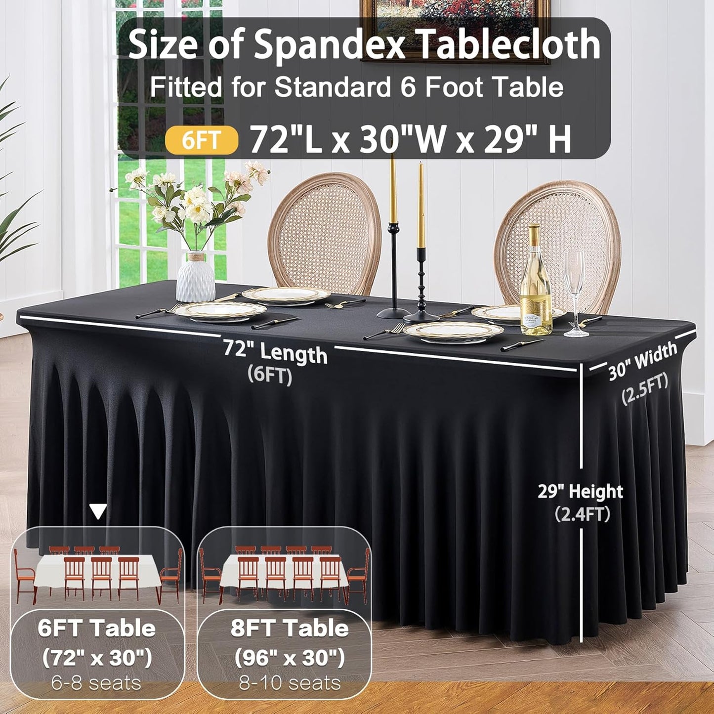 4 Pack Black Spandex Tablecloths for 6 Foot Rectangle Tables, Wrinkle Free Stretchy Table Clothes with Skirt for Weddings Birthday Party Banquet Baby Shower