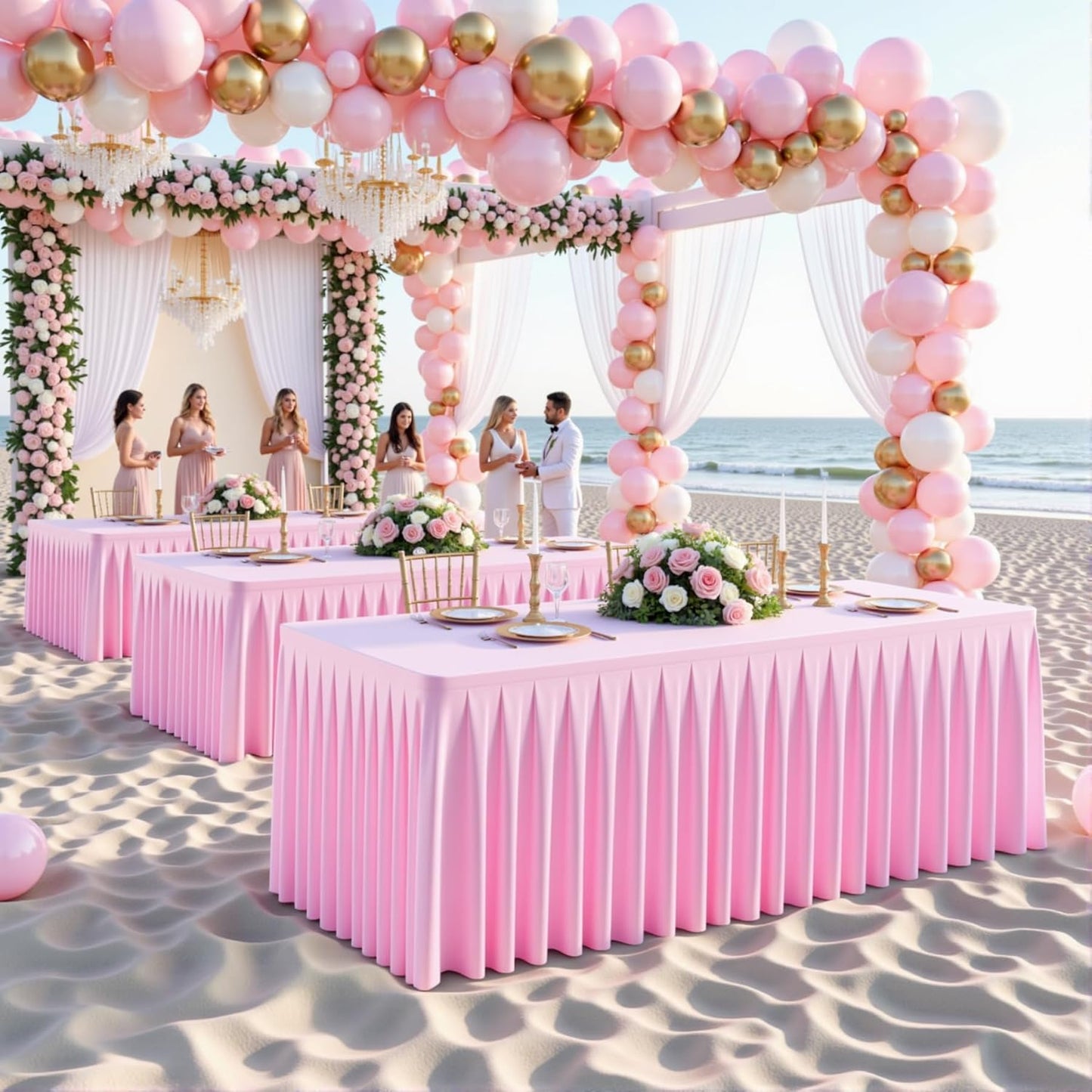 6 Pack Pink Rectangle Tablecloth 8 FT Stretch Spandex Fitted Table Cloth for 8 Foot Rectangle Tables Banquet Tablecloths Wrinkle Free Table Cover Skirt Ruffle Tablecloth for Party Wedding Birthday