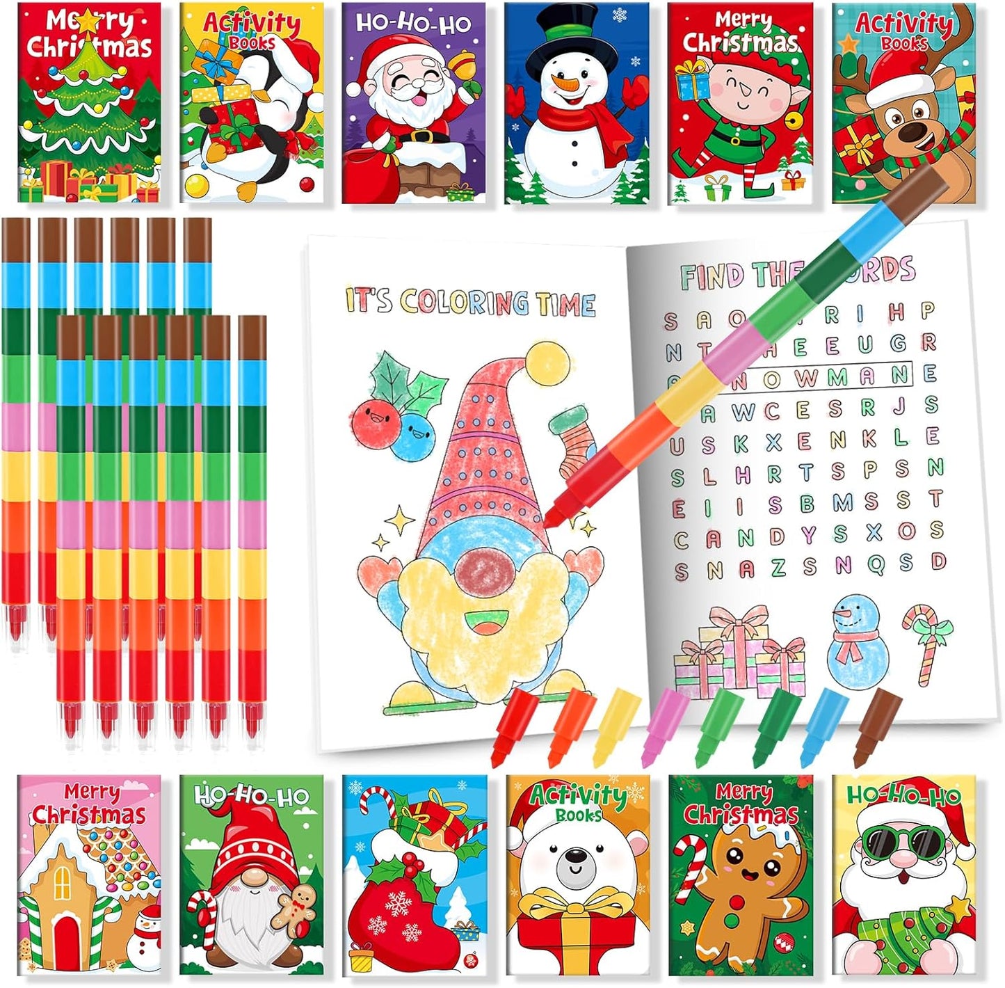 BenLouis 24 Christmas Mini Activity Books with 24 Crayons for Kids ages 4-8-16 Xmas Party Favors Bulk Different Brain Game for Classroom Travel Craft Activities Holiday Goodie Bag Gift Stuffer