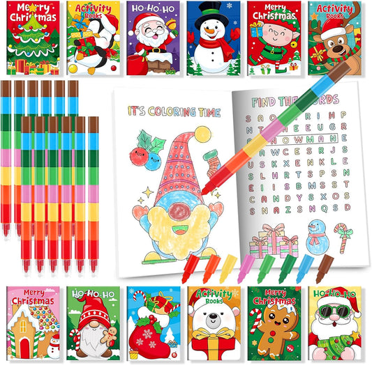 BenLouis 24 Christmas Mini Activity Books with 24 Crayons for Kids ages 4-8-16 Xmas Party Favors Bulk Different Brain Game for Classroom Travel Craft Activities Holiday Goodie Bag Gift Stuffer