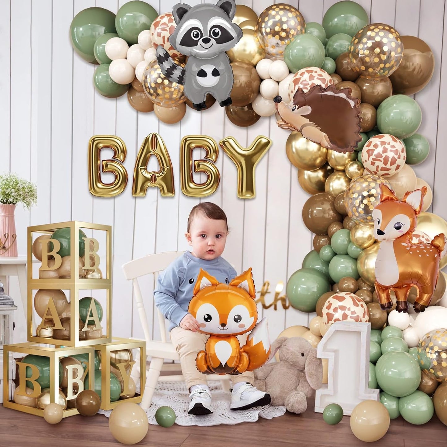 Amandir 137pcs Woodland Animals Baby Shower Decoration Baby Boxes Sage Green Brown Balloon Garland Arch Kit Woodland Themed Animal Foil Balloons for Neutral Forest Jungle Safari Party Supplies