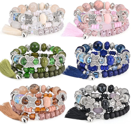 Bohemian Bracelet Sets for Women - 6 Sets Stackable Stretch Bracelets Multi-color Boho Jewelry for Women Hippie Bracelets Dainty Jewelry