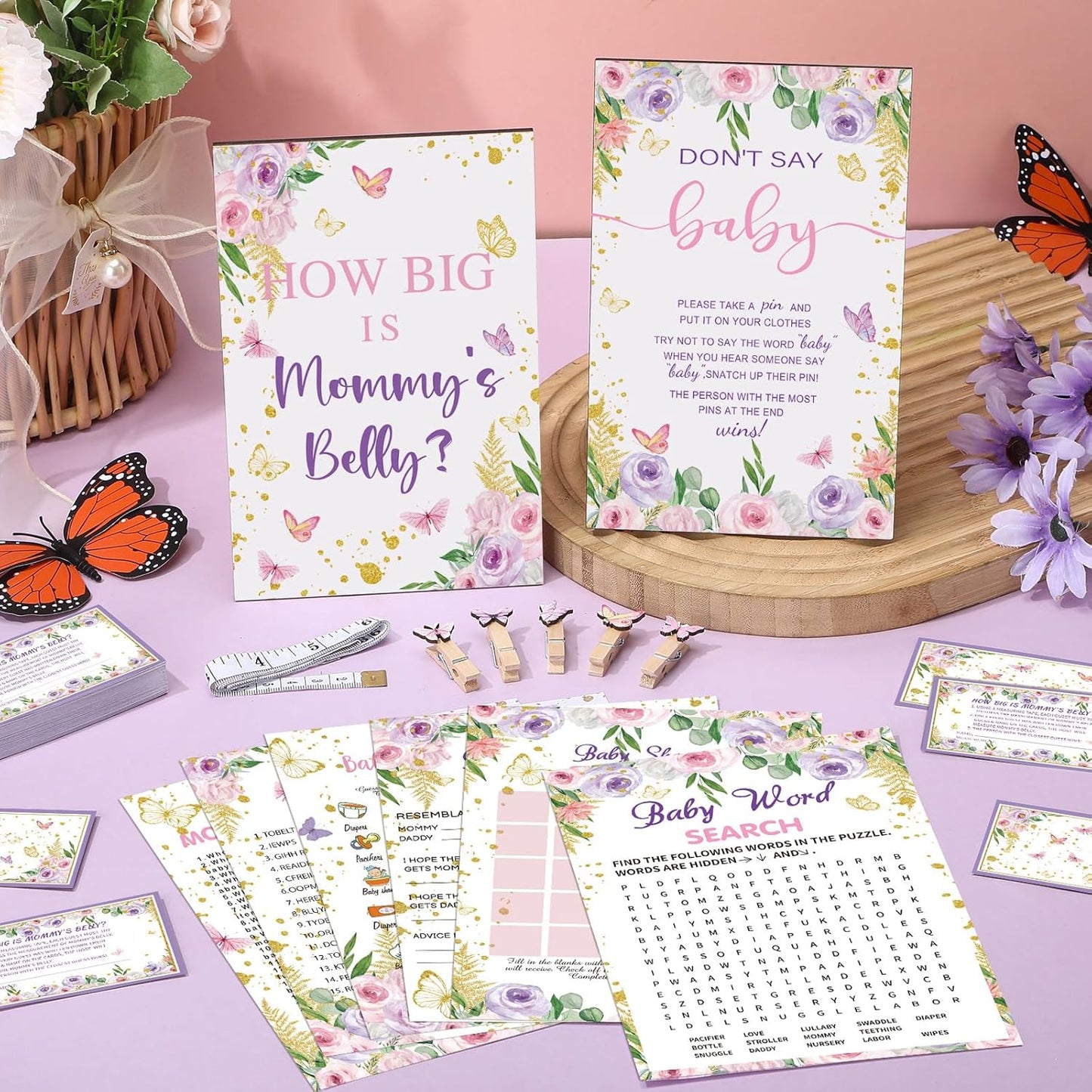 426 Pcs Butterfly Baby Shower Games Set-8 Games, Includes Baby Shower Bingo, Price is Right, Guess Who, Word Scramble, Prediction and Advice, How Big is Mommy's Belly, Don't Say The Words