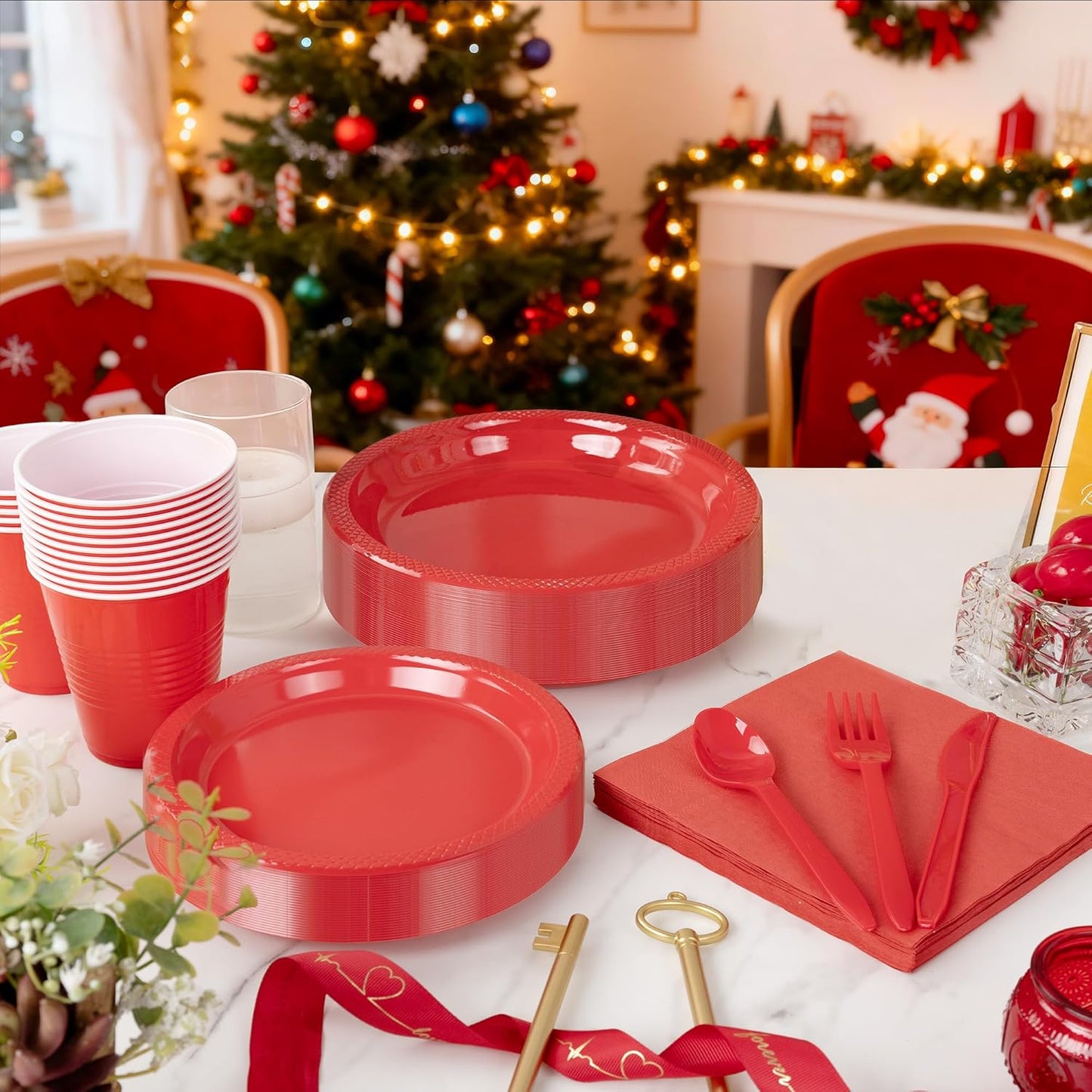 WELLIFE 210Pcs Red Plastic Plates, Christmas Plates Disposable, Party Supplies Including Red plates, 12oz Cups, Plastic Cutlery and Napkins Serve 30 Guests, Disposable Dinnerware Set for Christmas